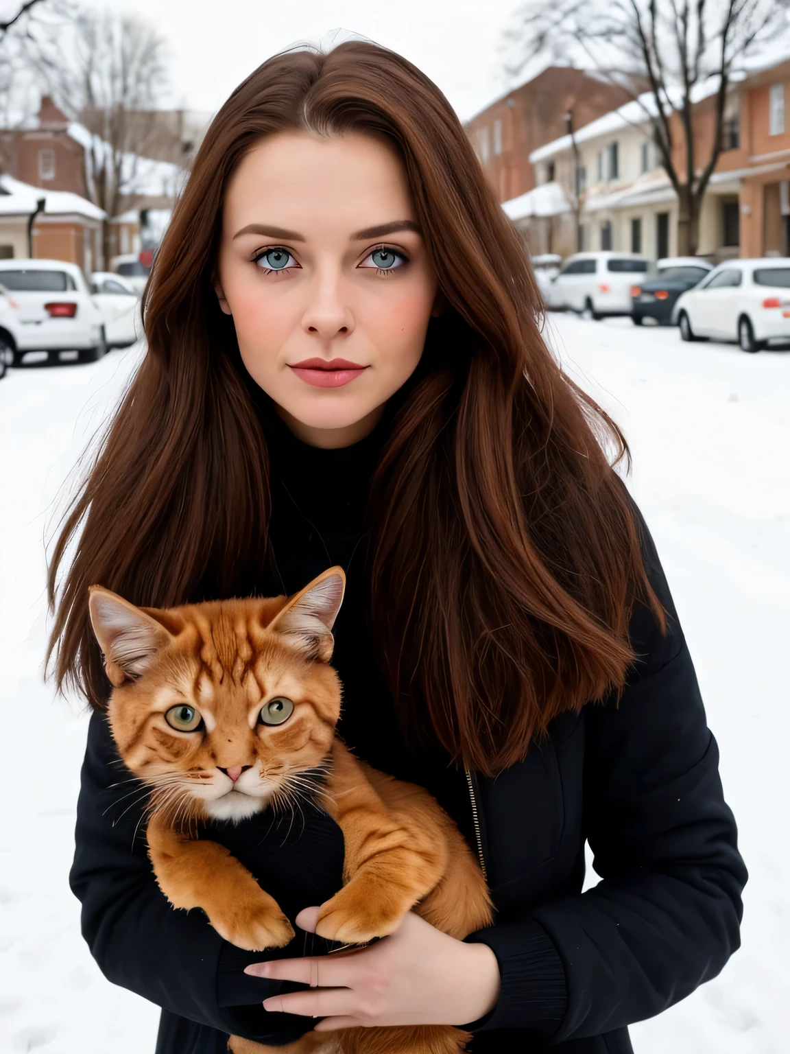 (Russian woman 25 years typical of beautiful suburbia, linda:1.2), olhos azuis, lente de contato azuis nos olhos, rosto perfeito realista, pele realista, poros realistas, cabelos muito loiros, cabelos loiros quase brancos, Looking at camera, holding red cat in his arms