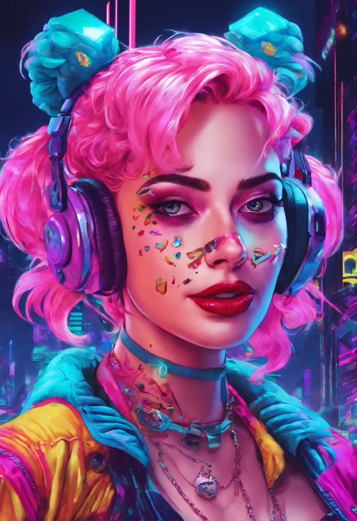 close-up of a woman with an owl on her head, Harley Quinn, портрет Harley Quinn, Colorful camera work, Scary 4K color graphics, artist Julie Bell Beeple, Artist Alessandro Pautasso, Harley Quinn, author Galen Dara, Martin Ten, artistic portrait of Martin Ten, Harley Quinn