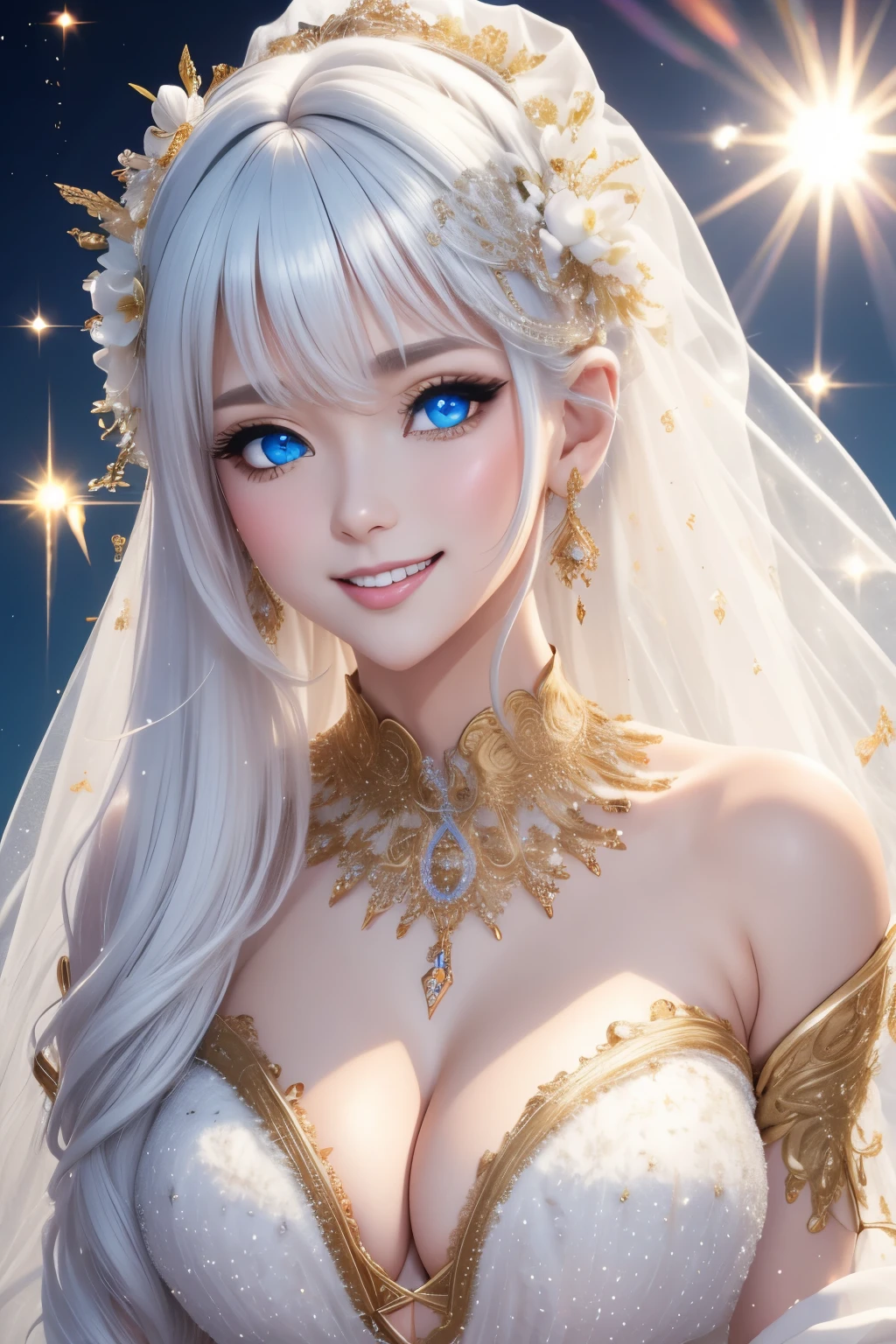best quality, 32k, RAW photo, incredibly absurdres, extremely detailed, bride, pure white perfect lady, laugh like a prankster, happy, shy, white glossy messy iridescent hair, sparkling gold sharp slit eyes, wedding dress designed with fluffy and fluffy, background sun shower, petals, scatter white, red, gold, and silver glitter and confetti, professional lighting