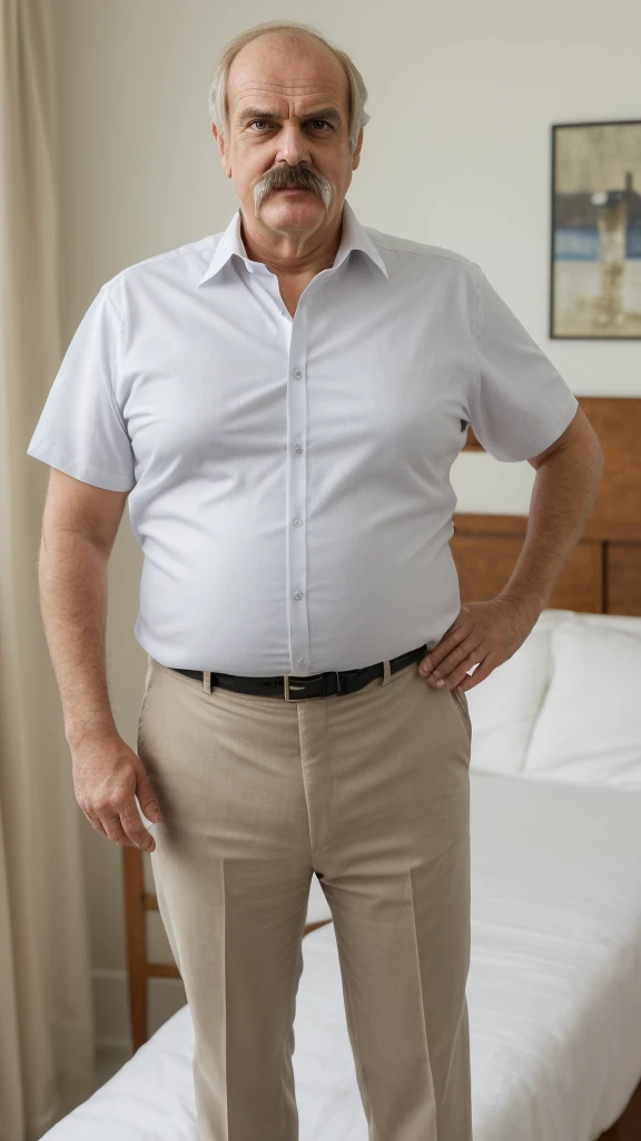 arafed man in a white collared shirt and tan pants standing in a bedroom, this person does not exist, middle-aged, balding, big round belly, mustache, aged face and skin, hasso plattner-john cleese merged, entire body visible, full body, hyperrealistic, best quality, 8K, real human skin, masterpiece, extremely intricate, medium closeup, detailed eyes, detailed face, detailed body, exaggerated features, pronounced features
