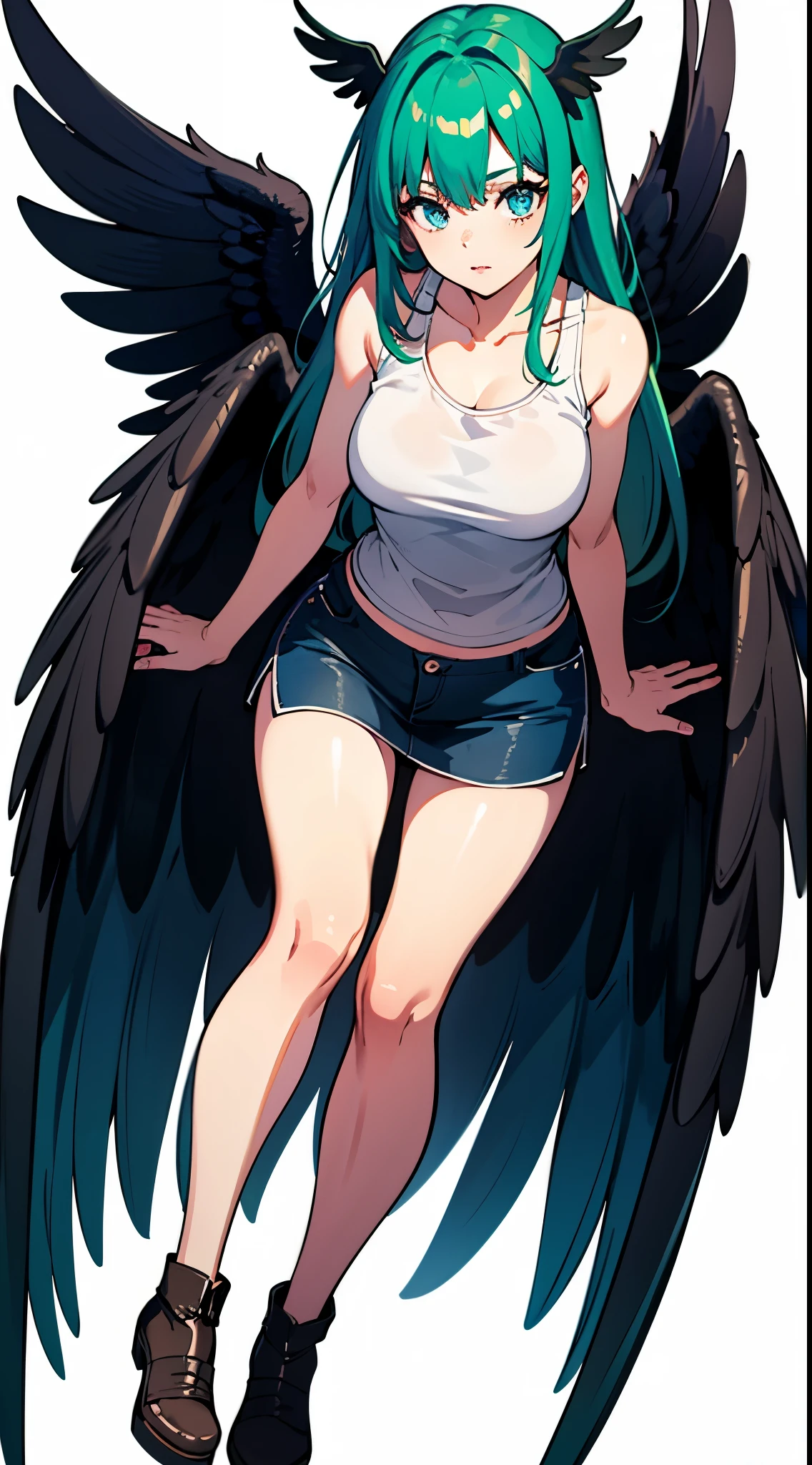 harpy woman, slim body, long legs, blue wings, green hair, blue eyes, loose tank top, shorts and mini skirt, 8k, hd, masterpiece, white background