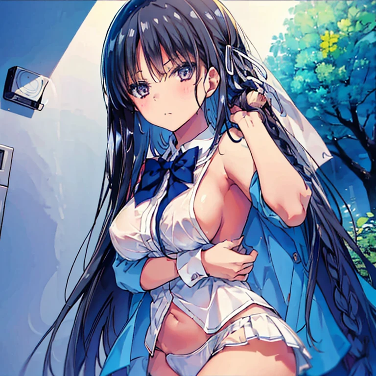女子高校生　nsfw　乳首が見えている　服を脱いでいる　乳首いじり　1 boy, a boy is grabbing girl’s breasts from behind 電車内　立っている　arms up 1 boy, a boy is grabbing girl’s breasts from behind　orgasm face　sexual climax　saliva blindfold restrained, shackles, rope standing doggy, hug from behind　ロープで拘束されている　breast milk topless