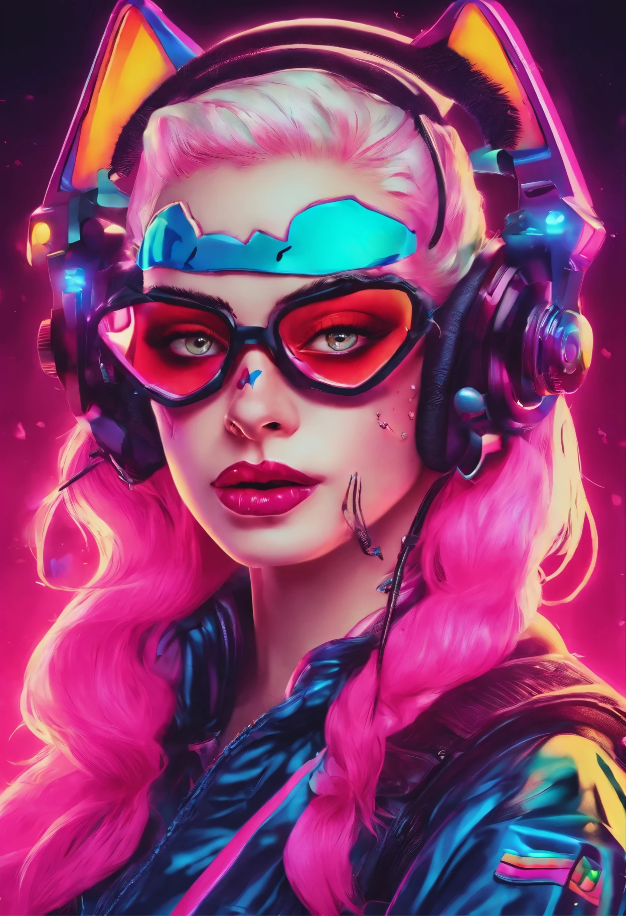 close-up of a woman with a cat on her head, Harley Quinn, портрет Harley Quinn, Colorful camera work, Scary 4K color graphics, artist Julie Bell Beeple, Artist Alessandro Pautasso, Harley Quinn, author Galen Dara, Martin Ten, artistic portrait of Martin Ten, Harley Quinn