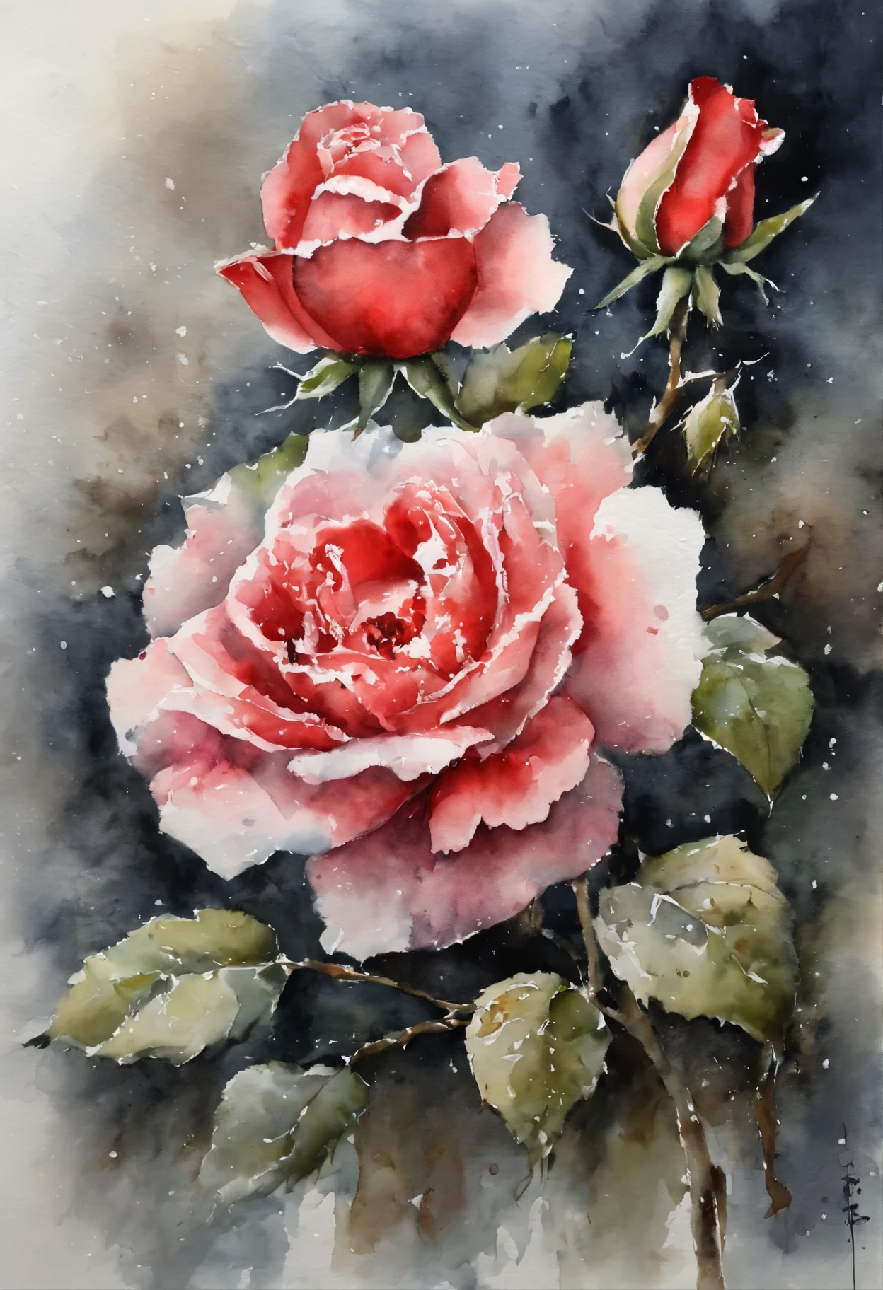 (((Huang Youwei))).watercolor painting。Wet painting method。Water marks。(a red rose),snow,Frost,Watercolor paper overlay texture,aperture,facula,dark background