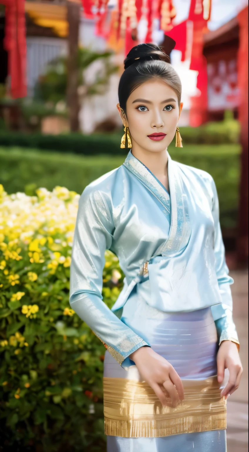 master-piece, 1girl best,looking at the audience,outdoor, thai temple,bara,Upper body,Seduction,clean,Exquisite Face,pure face,Fair-skinned,sexy pose,((Traditional northern Thai Lanna costume)), very elegant dress, luxury and details Tai Khun traditional outfit, long-haire messy bun with flower, wearing many gold necklace, silver bangle, gold earrings,((perfect female figure),real person,