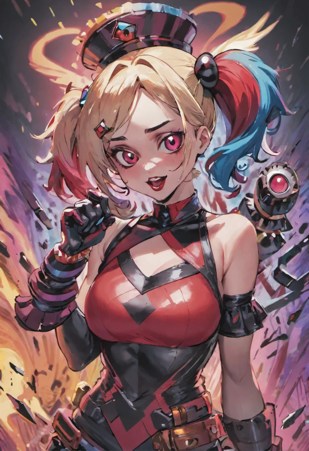 close-up of a woman with a cat on her head, Harley Quinn, портрет Harley Quinn, Colorful camera work, Scary 4K color graphics, artist Julie Bell Beeple, Artist Alessandro Pautasso, Harley Quinn, author Galen Dara, Martin Ten, artistic portrait of Martin Ten, Harley Quinn