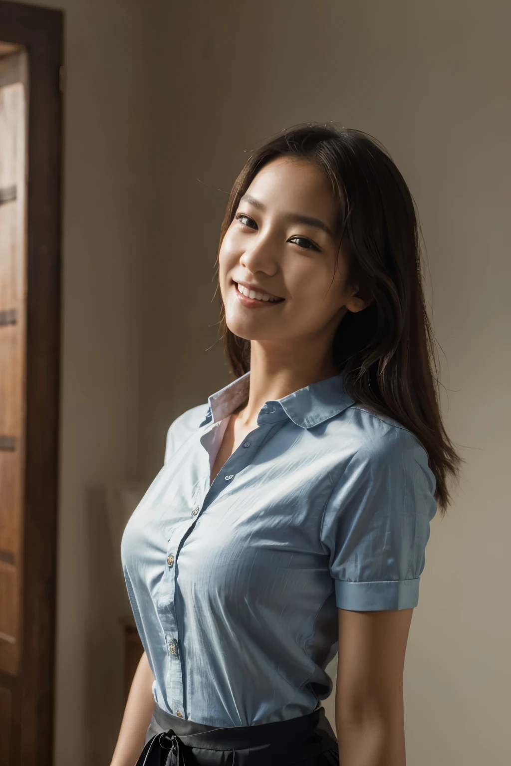 best quality, masterpiece, (photorealistic:1.4), 1 asian girl, light smile, shirt with collars, waist up, dramatic lighting, ultra high res, raw photo,1girl, solo, realistic, facing viewer, upper body, background, black dress, off shoulder