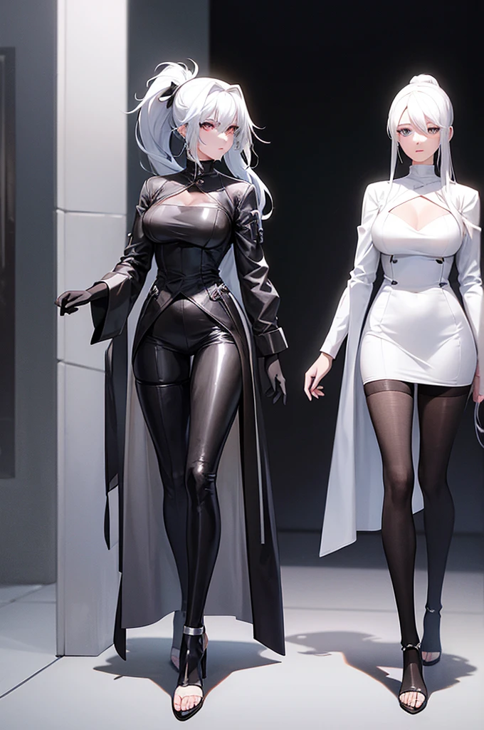 Female robot with white hair, black stockings, full body, single ponytail, high-heeled sandals, mechanical body, travels to the world of cultivating immortals and becomes the style of the Kingdom of Gods