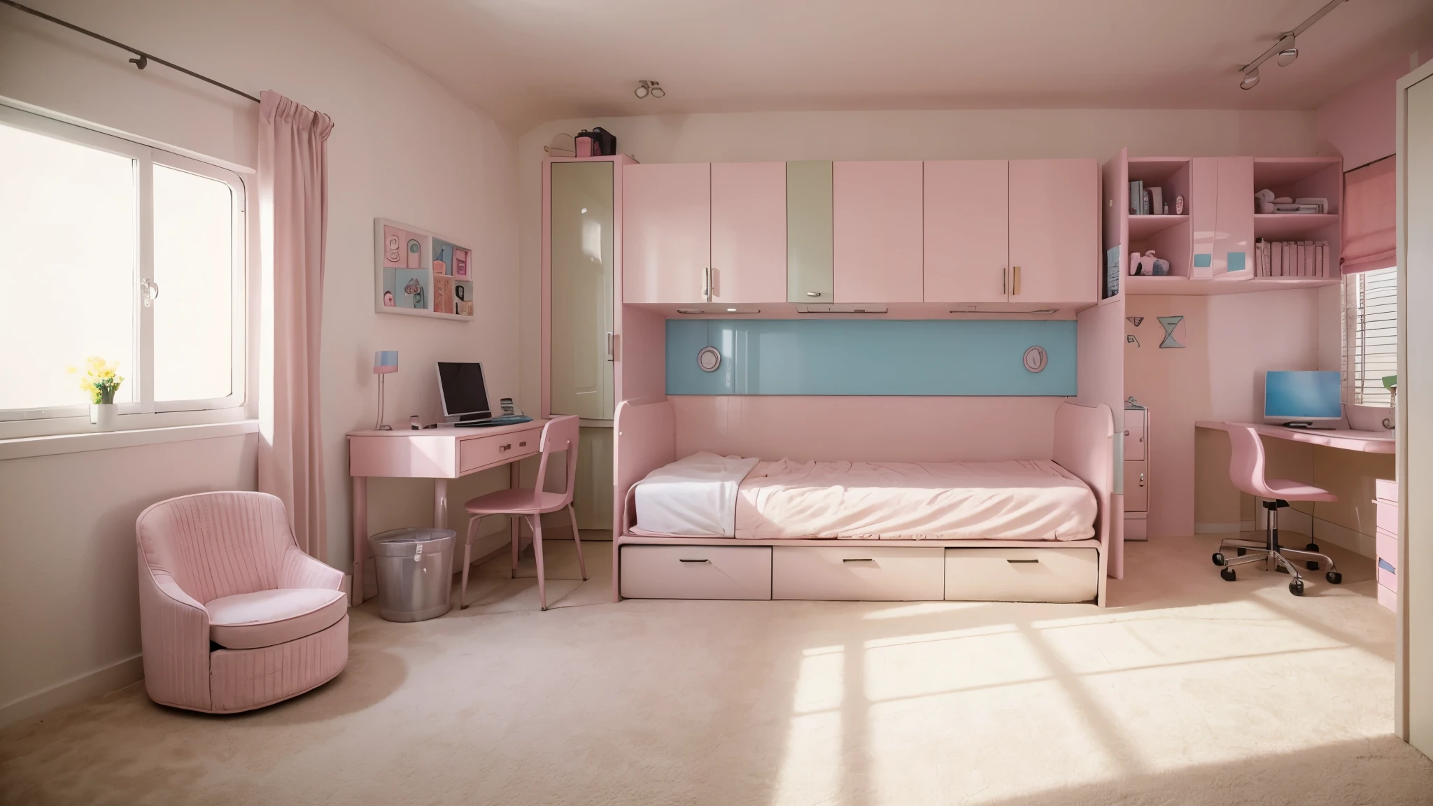 kids room, 6 male, cute & lovley, pastel tone, small room, mordern style, mans room, sporty