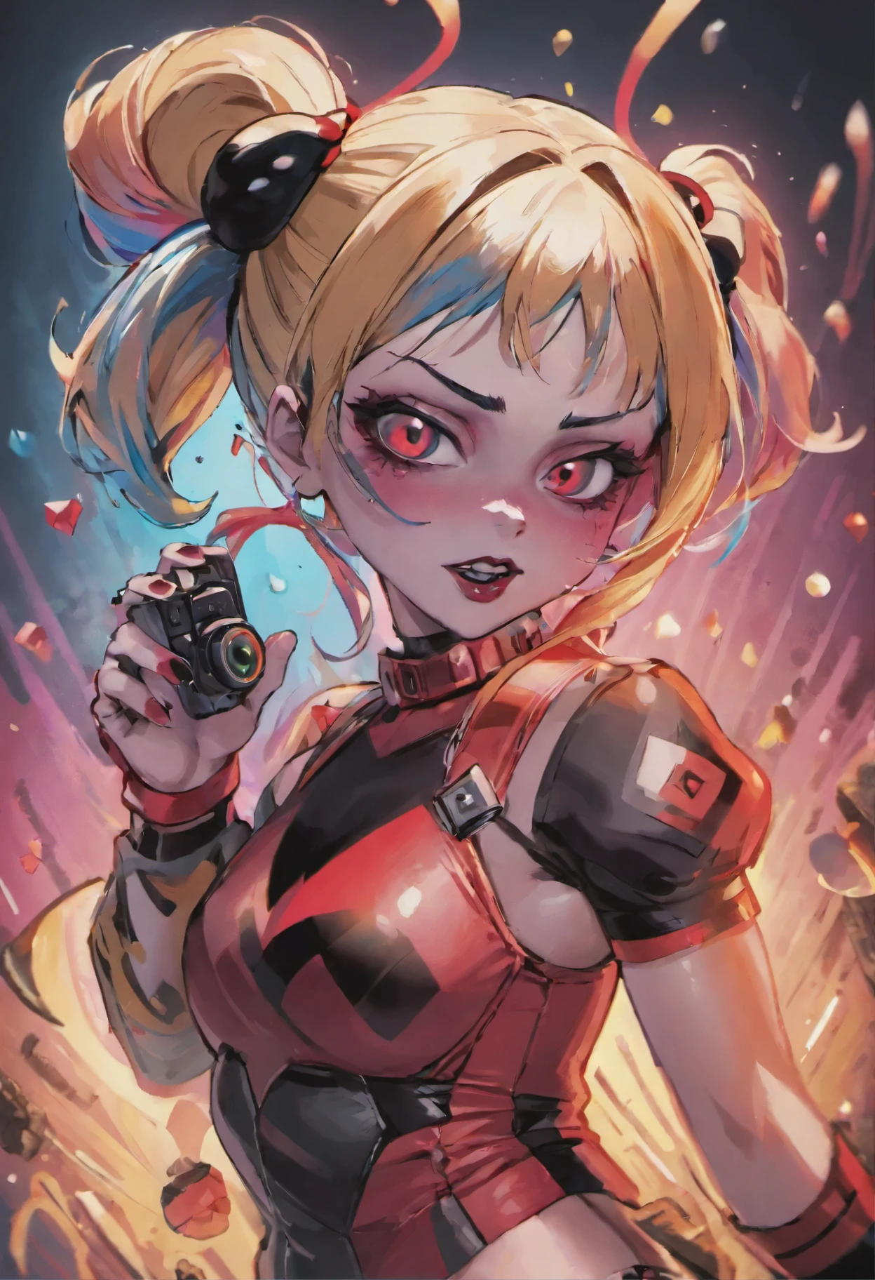 close-up of a woman with a cat on her head, Harley Quinn, портрет Harley Quinn, Colorful camera work, Scary 4K color graphics, artist Julie Bell Beeple, Artist Alessandro Pautasso, Harley Quinn, author Galen Dara, Martin Ten, artistic portrait of Martin Ten, Harley Quinn
