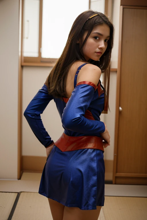 (masterpiece, best quality), ((1girl, solo, long hair)), 18 year old Japanese girl wearing a tight Supergirl costume, facing away from the camera, looking back over her shoulder, panties showing from under the skirt, looking back at camera, cum on face
