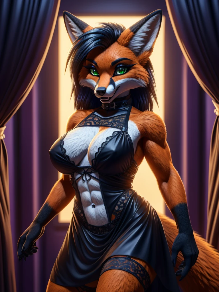 (best quality,4k,8k, highres, masterpiece:1.2), (furry; anthro fox), well-toned abs, ultra-detailed, seductive lewd pose, C-cup breasts, ((horny)), ((sexy)), goth makeup, edgy hairstyle, detailed eyes and face, long eyelashes, gothic lace dress, knight armor, vibrant colors, excited, green eyes, orange fur