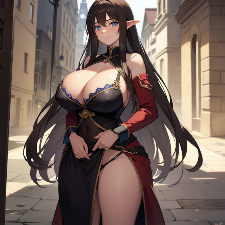 1 elf woman,((with long brown hair)),((with blue eyes)),((very huge breasts)),((a cloth covering her huge breasts, a cloth covering her pussy)),((with a kind and cute look, with a slight gentle smile)),((standing facing the viewer, on the medieval street))