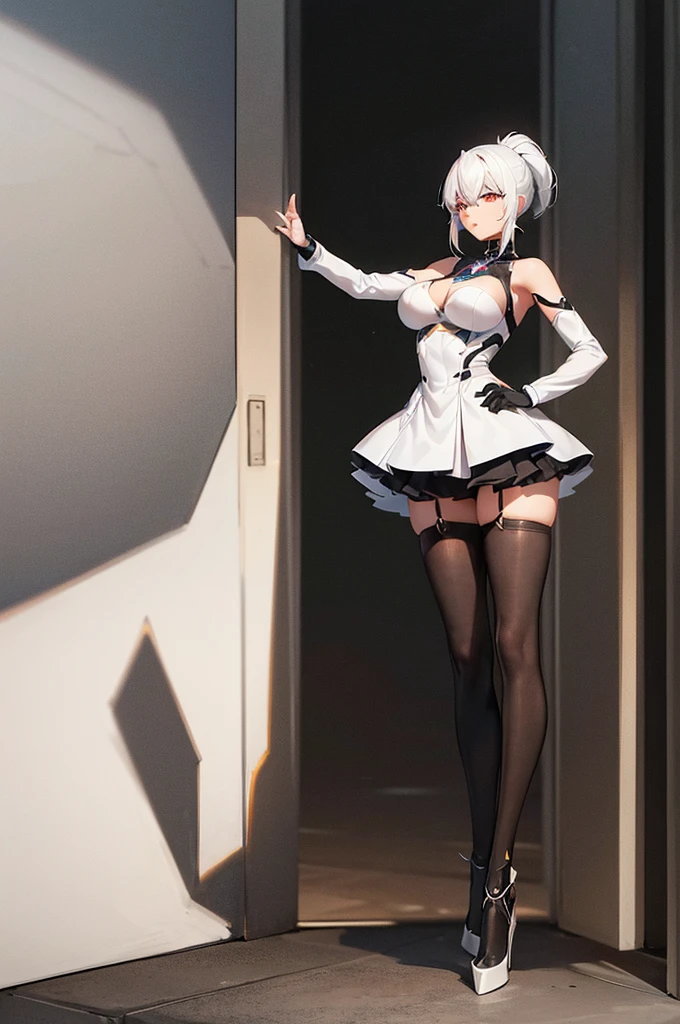 Female robot with white hair, black stockings, full body, single ponytail, high heels, mechanical body, traveled to the world of cultivating immortals and became a god with super combat power