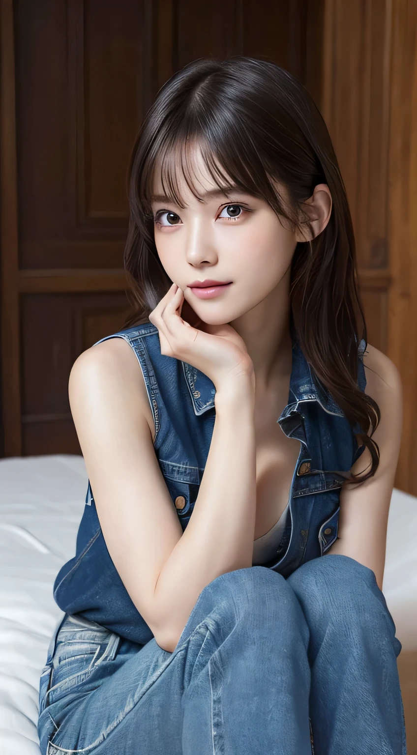 innocent 18 year old girl、((wear denim sleeveless,distressed jeans,dramatic pose)),cute face,bright eyes,tear bag,shy smile,shortcut,bed background,RAW photo, (8K、highest quality、masterpiece:1.2)、(intricate details:1.4)、(realistic:1.4)、octane rendering、Intricate 3D rendering Super detaileded, soft light in the studio, rim light, vivid details, Super detailed, realistic skin texture, face, beautiful detailed eyes, Highly detailed CG Unity 16k wallpaper, compensate, (detailed background:1.2), shiny skin, whole body、Draw from head to knee、cleavage,((Stand on your knees with your legs open))