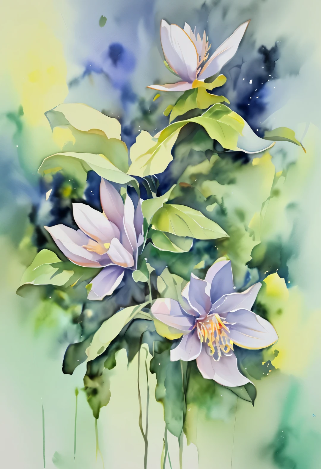 (盛开的昙花的watercolor画), Focus on pure transparent petals, The overall picture adopts soft tones, Mainly in elegant blue-green colors, Symbolizing the tranquility and mystery of the night. Petal color ranges from light green to dark green, Express the feeling of natural growth. Each petal of the epiphyllum emits a faint blue-green light, Present exquisite details. The edges are as thin as cicada wings, and slightly plump in the middle, Exudes a charming aroma. Stamens are light yellow, 而花瓣上的水滴则巧妙地利用watercolor的特性来表现晶莹剔透的美感. Transparency effect, light blue purple background, like the starry sky, as if illuminated by moonlight,
watercolor, Drip watercolor, masterpiece, Pointillism, style, image, dreamlike, otherworldly, impossible, exaggerated, hazy atmosphere, enchanting atmosphere, mysterious atmosphere, Quixel Megascans rendering, Unreal Engine, high detail, Super quality, high resolution, 16k, close-up, beautiful lights,