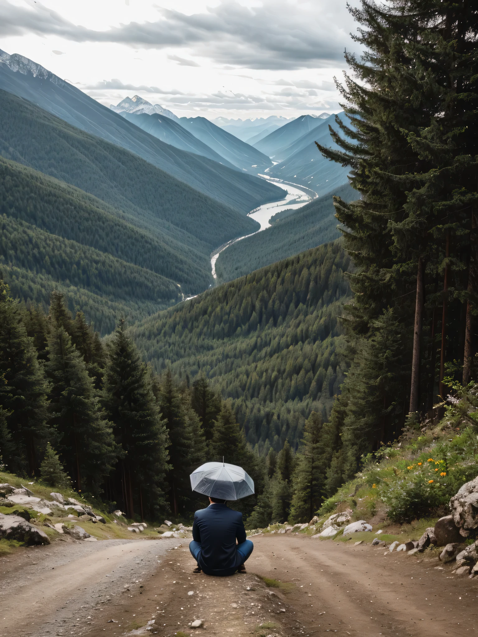 there a man wearing raincover sitting on a mountain with a view of the valley, in mountains, standing in front of a mountain, amidst nature, in the mountains, with mountains in the background, in front of an amazing forest, epic mountains in the background, in front of a forest background, moutain in background, mountains in the background, with mountains as background