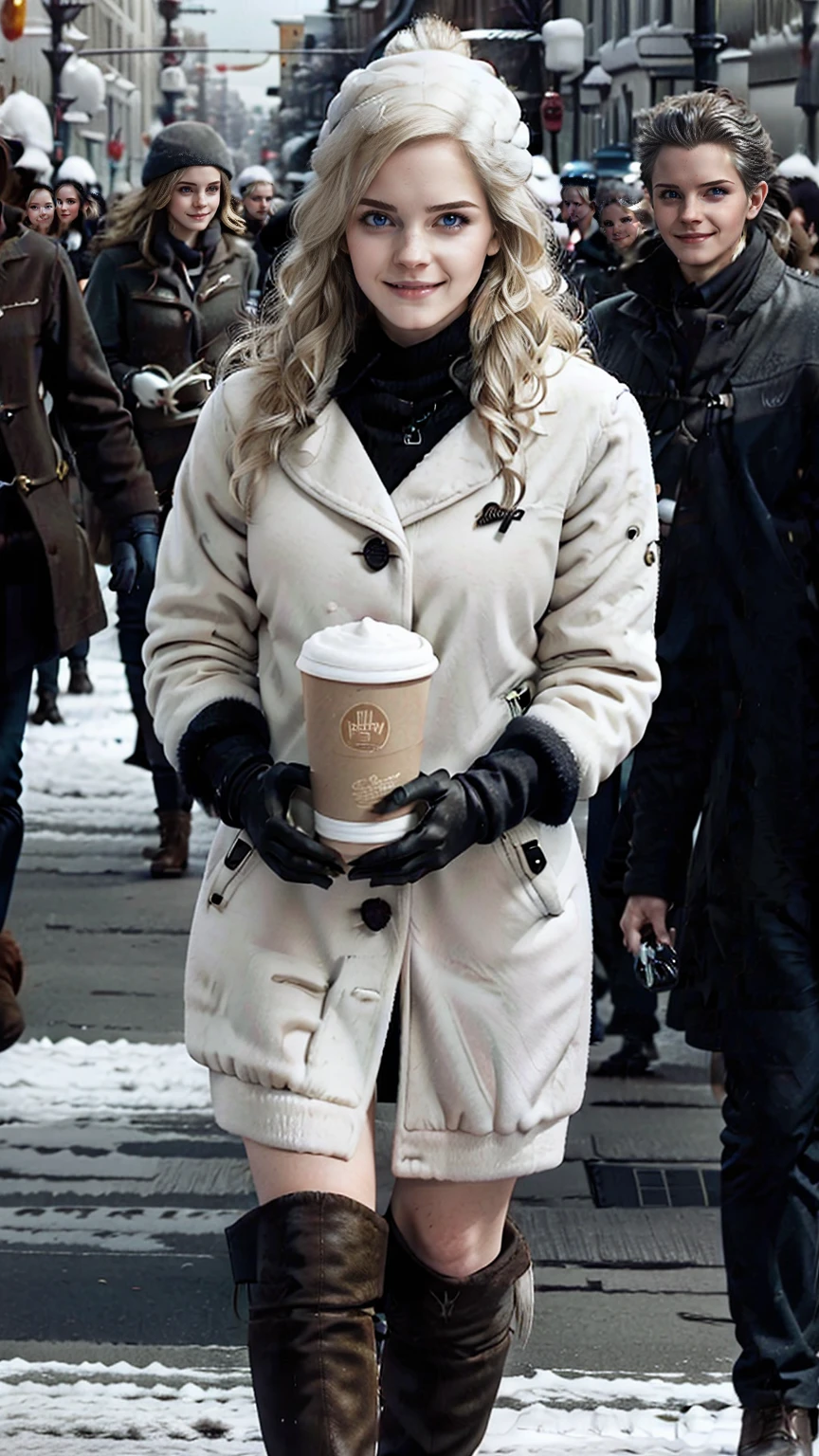 25-year-old Caucasian woman、platinum blonde、setting hair、blue eyes、semi-long、my hair is wavy、smile、slim muscular body、I don't want my head to disappear from the screen.、Wearing a duffel coat、wearing mitten gloves、I'm in a snowy town、wearing a woolen hat、I'm wearing a muffler、Walking around the city、I'm wearing short boots、holding a paper cup from a coffee shop