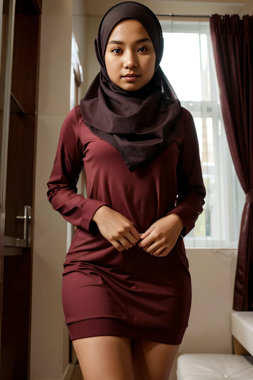 A beautiful Malay girl in hijab, most beautiful, wearing long sleeve maroon baju kebaya, standing tall in elegant pose, wide open smile with teeth visible, modern city scape scenery, (best quality,4k,8k,highres,masterpiece:1.2),ultra-detailed,(realistic,photorealistic,photo-realistic:1.37),detailed eyes and face,beautiful detailed lips,long eyelashes,natural lighting,warm color tones,soft focus