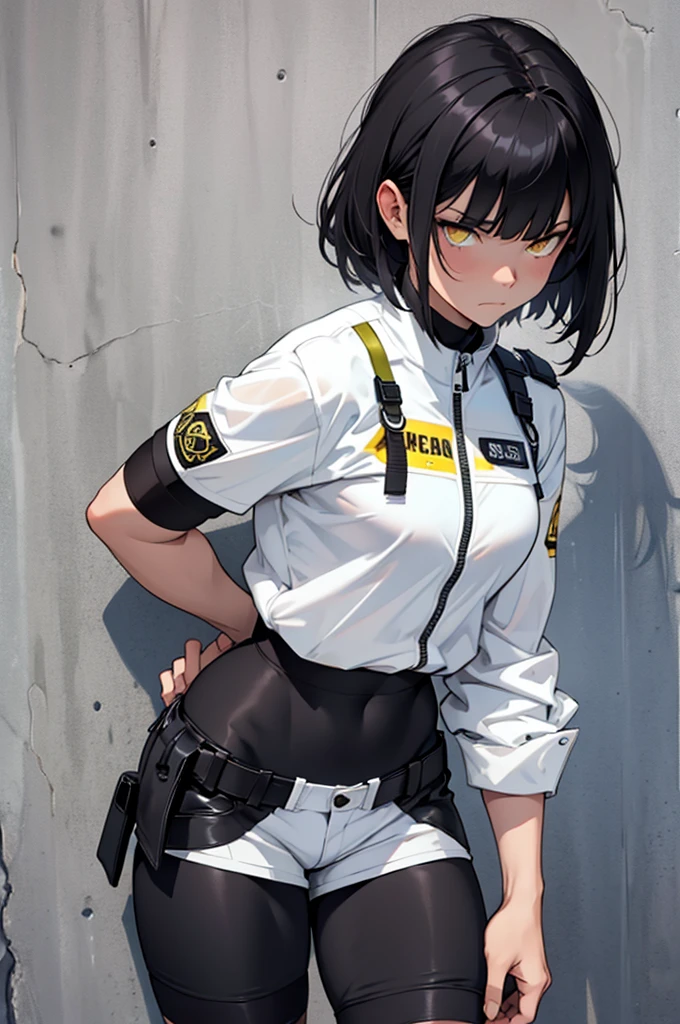 short legging white, 1girl muscular pale skin black hair yellow eyes black against wall sad sad sad sad tight short leggings white thick thick thick thick muscular muscular muscular muscular muscular girl dark dark, meias calça marrom, coxas sexy, belos olhos, meia calça preta, meia calça marrom , , best quality, highres, solo, black hair, , black gloves, bike_shorts, bangs, white shirt, badge, medium breasts, cowboy shot white , frown, , leaning forward, pointing at viewer