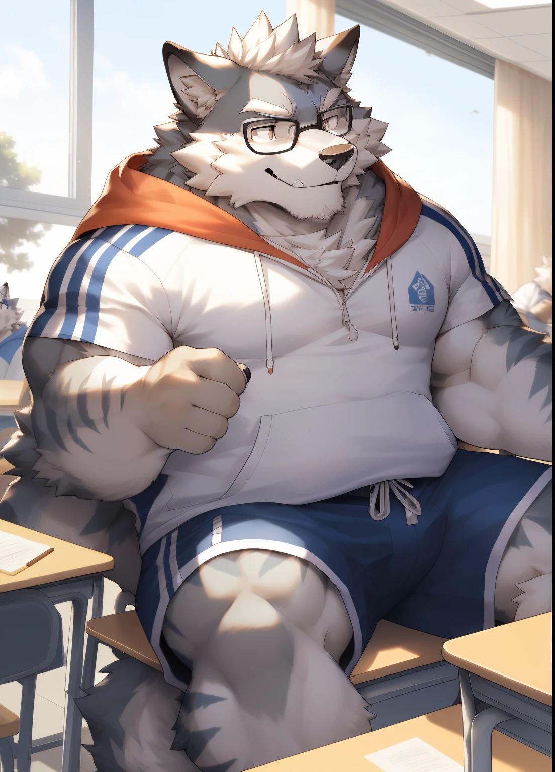 hairy，（（Wolf，white hoodie，shorts）），white fur，male，Common，full body picture（（极其lifelike阴影，masterpiece，Very detailed，lifelike））， （（Cat）），dynamic poses，In classroomlack-rimmed glasses，smirk，sit on the chair，window location，（（极其lifelike背景，masterpiece，Very detailed，lifelike））