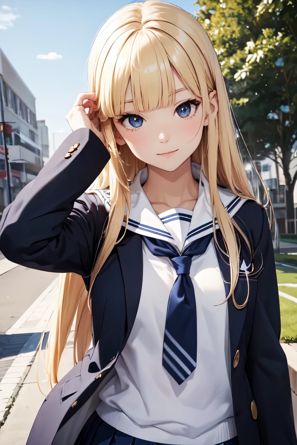 (In 8K, best quality, muste piece:1.2)、ultra high resolution,1 female 、ultra-detailed face,detailed eyes,cinema lighting、cool、Tree eyes,well-groomed nose、blonde、hime cut, long hair, medium bangs,sensuous smile,nose blash,long hair,BREAK,school uniform, blazer,Navy blue jacket,,navy pleated skirt,BREAK,((sailor collar shirt、white shirt)), (Light blue scarf),long sleeves,BREAK,detailed hand fingers,captivate your audience,Walking through the schoolyard with a view of the school building and flower beds