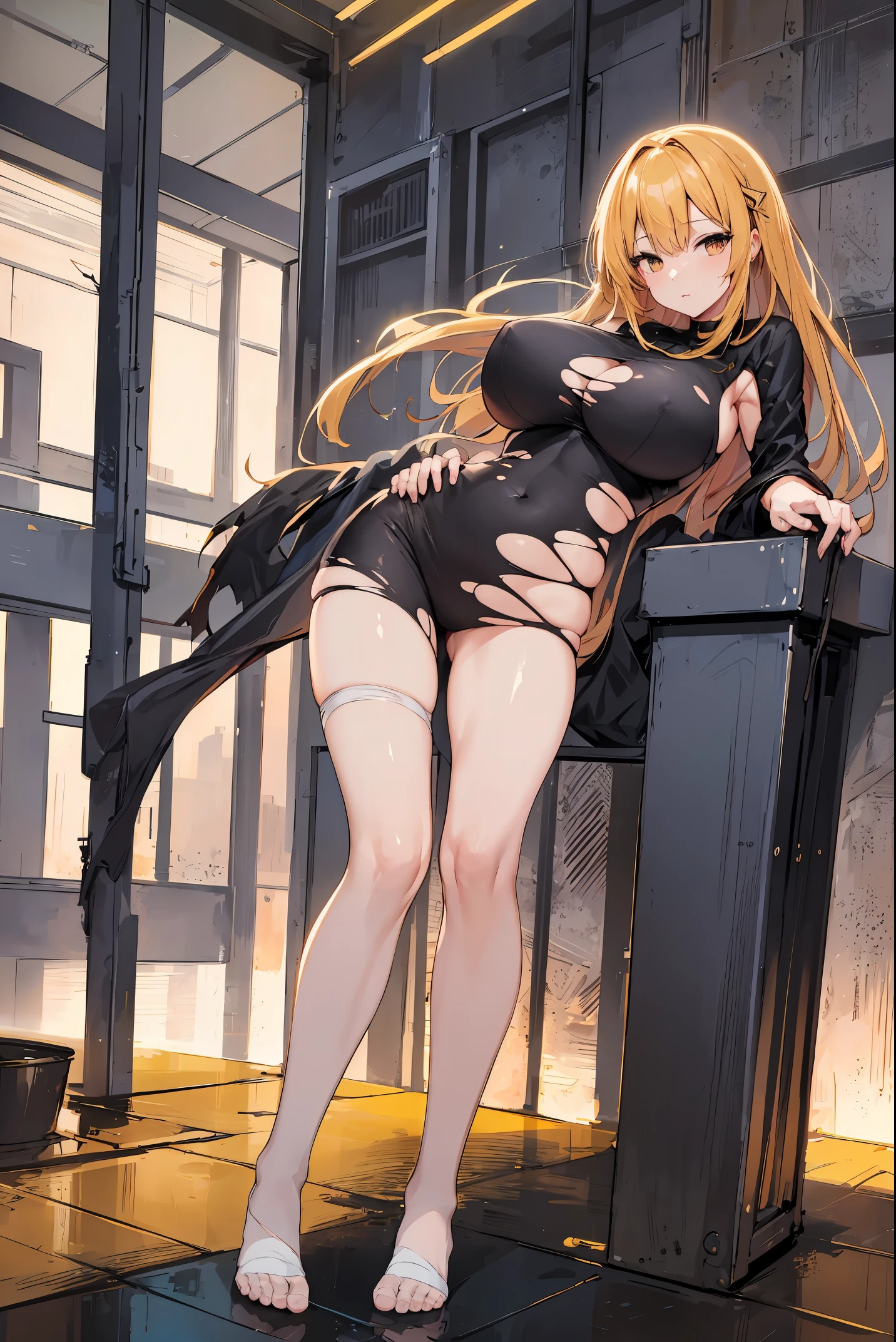 human woman, slim body very long yellow hair, huge breasts, long legs, torn clothes, no shoes, 8k, hd, masterpiece, full body, white background