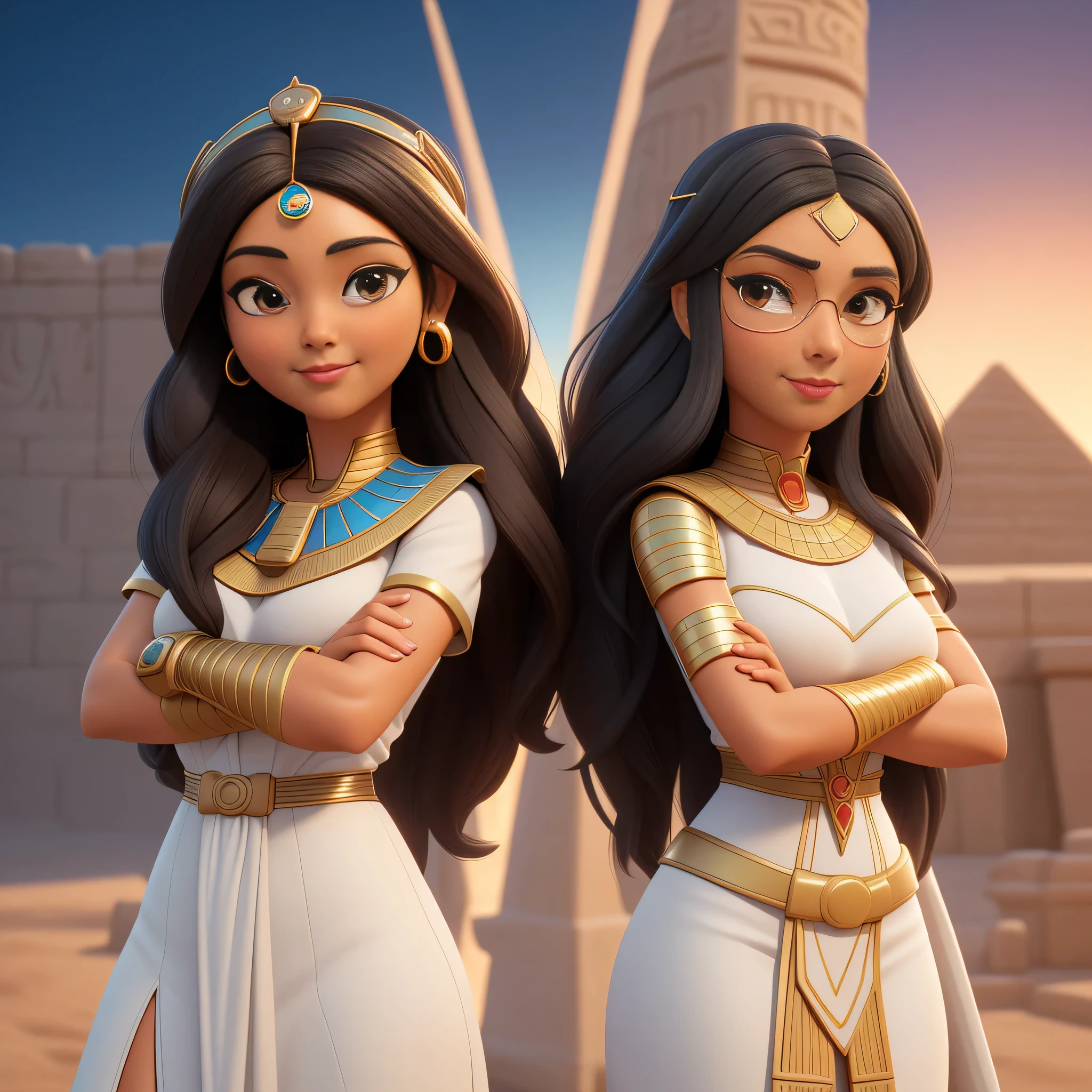 ((Masterpiece, best quality, photography, detailed skin, realistic, photo-realistic, 3D Character Design, pixar, 8k, highly detailed, full length frame, High detail RAW color art, diffused soft lighting, shallow depth of field, sharp focus, hyperrealism, cinematic lighting, close up)); Disney Pixar Movie Poster of 2 girls side by side back to back both crossed arms, one on the left is an ancient egyptian Princess dressed in an elegant white ancient Egyptian dress and the other girl on the right is a modern egyptian girl wearing sunglasses, a blue shirt and jeans, both their expression that exudes grace and elegance. Focus on capturing their gorgeous long black wavy hair, brunette brownish skin and stunning facial features, beautiful smile, 3d render.