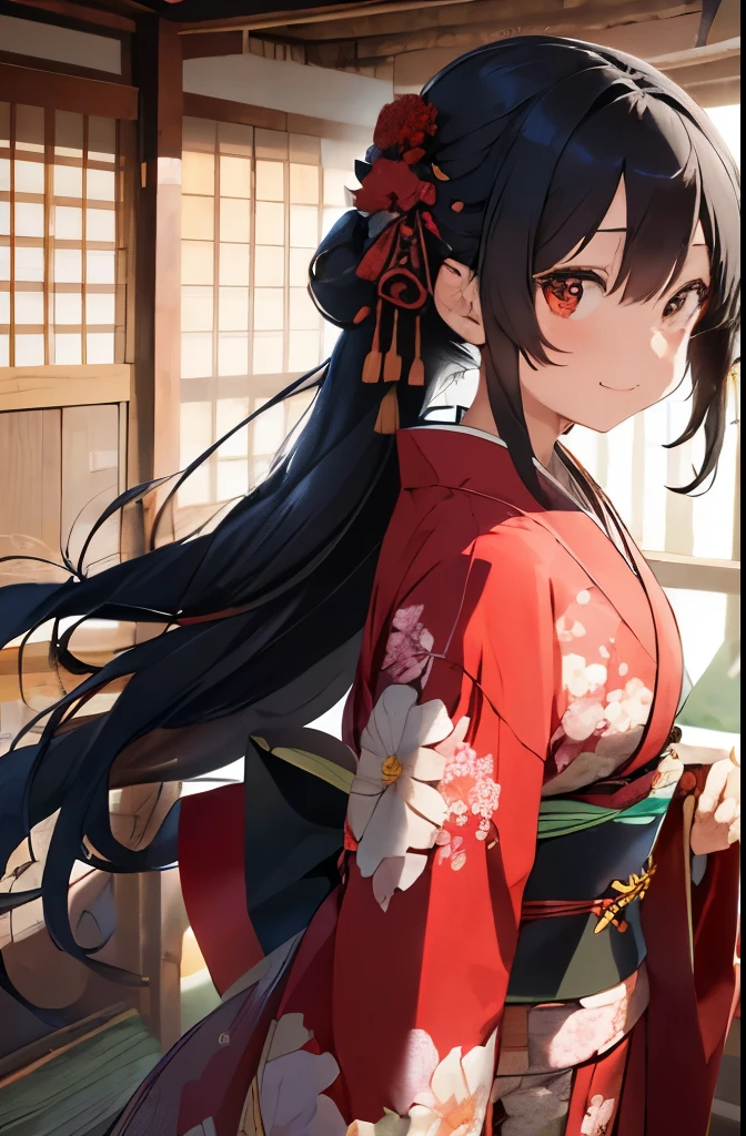 Highest image quality、(１woman、black hair、slender body shape、small breasts、thin face、long eyes)、(style all long hair up)、現実的なwoman、kimono、Japanese clothing、red kimono、luxury、luxury red kimono、Glossiness、(big long sleeves)、flower、thick belt with pattern、(big obi decoration、Extremely large ribbon on the back、patterned ribbon、thick ribbon、embroidery on ribbon)、(print 沢山のflower、全身にカラフルなflower柄)、gold embroidery、hair accessory、White inner、socks、smile、sunlight、Lighting from behind、((full body photo、zoomout))、shrine、torii