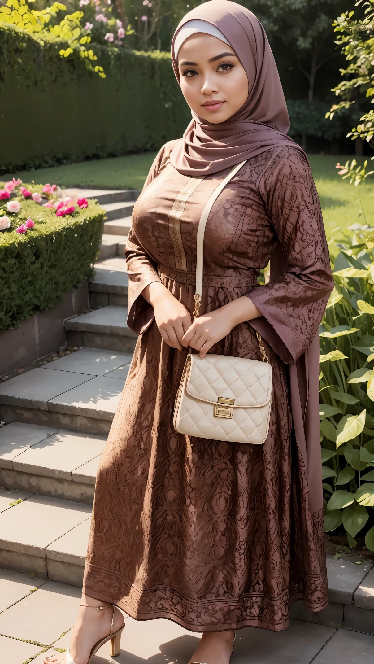 RAW, (Best quality, high resolution, work: 1.3), Beautiful Malay woman in hijab, perfect fit body, Big breast,Beautiful big eyes, Soft smile, beautiful face, slightly open mouth, thick thighs, beautiful buttocks, RAW, Best quality, high resolution, masterpiece: 1.3), beautiful Malay woman in hijab, Masterpiece, perfect fit body, big breasts, thick thighs, beautiful big eyes, Soft smile, standing on a stone step with a purse, batik, long dress female, full covered dress, hijab, wonderful masterpiece,beautifull girl, dress, in lace brown dress, with lovely look , beautifull woman in garden flowers