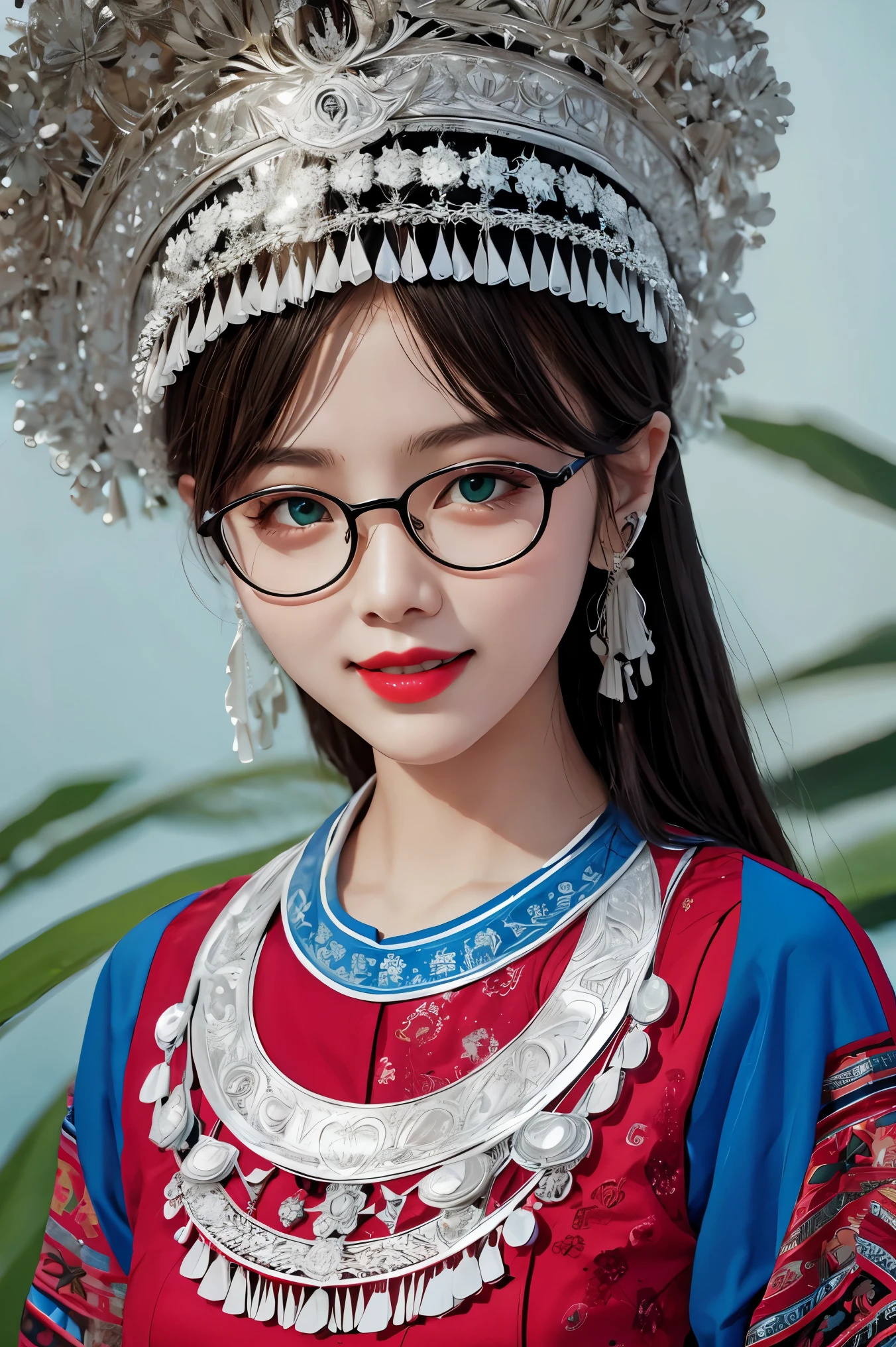 woman in miao fashion,portrait,Big green eyes,nice smile, metal frame glasses, masterpiece,8K,top quality,trending at the art station,