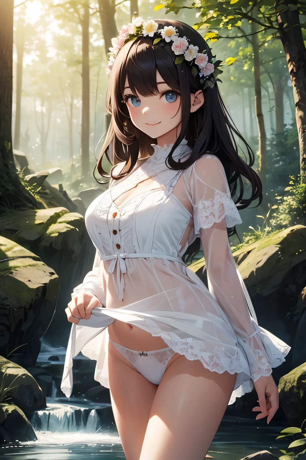 very cute and beautiful girl,white sun dress with detailed frills,(skirt lift,white panties), (highly detailed beautiful face and eyes:1.2),cowboy shot,(smile),black hair,flower crown, (standing by water spring in forest),fog,fantastic stone monument,detailed landscape, (best quality,masterpiece:1.2),(intricate details),extremely detailed,highres,solo, cinematic lighting,dim light,dynamic angle,hair fluttering in the wind,