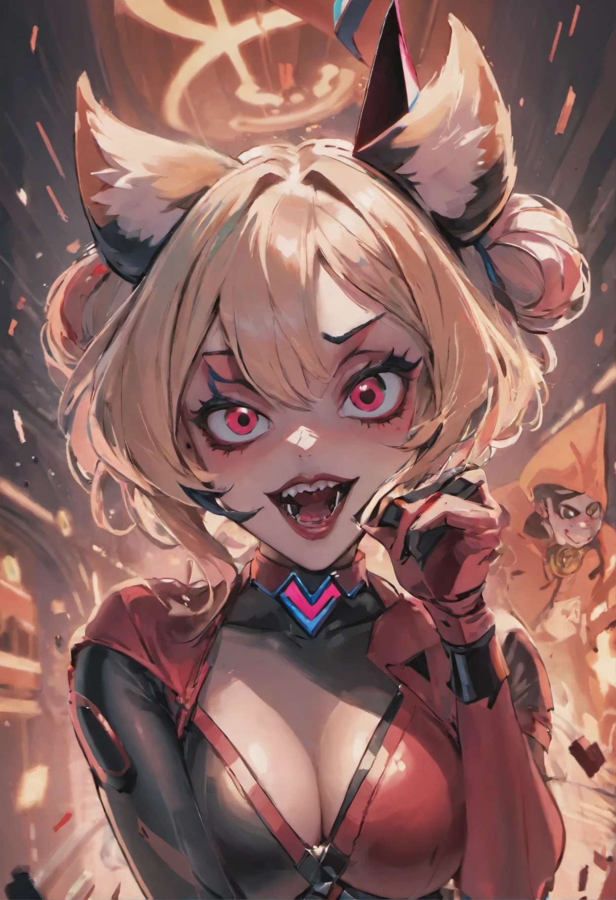 close-up of a woman with a fox on her head, Harley Quinn, портрет Harley Quinn, Colorful camera work, Scary 4K color graphics, artist Julie Bell Beeple, Artist Alessandro Pautasso, Harley Quinn, author Galen Dara, Martin Ten, artistic portrait of Martin Ten, Harley Quinn