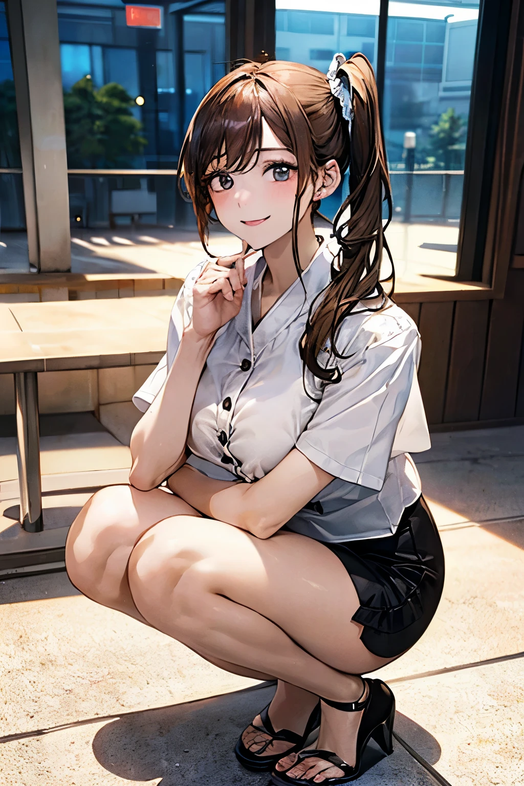 1 persons, japanes, 20 years old, (Detailed shiny skin:1.1), Watching the view, (Smile:1.5),
Beautiful hair, Beautiful face, Beautiful detailed eyes, (Long hair:1.4, Side Ponytail:1.7), lightbrown hair, (Large breasts:0.7),
Beautiful collarbone, Beautiful body, Beautiful chest, beautiful thigh, Beautiful legs, beautiful detailed fingers, Five Fingers, ,Colossal tits, Barefoot,
(Short-sleeved white shirt with collar and buttons, (White shirt:1.4, Tight mini skirt:1.4, high-heeltremely sexy, Seductive thighs, Camel toe)), open one's legs、Pink lace panties、sexy hips、embarrassed、Kamimei
(Beautiful scenery), receptionist, department store, Service Counter, Squatting, Spread legs, object insertion, Vibrator, Female masturbation,
(8K, top-quality, masterpiece:1.2, Extremely detailed), (Photorealistic), Beautiful illustration, Cinematic lighting, Full body,