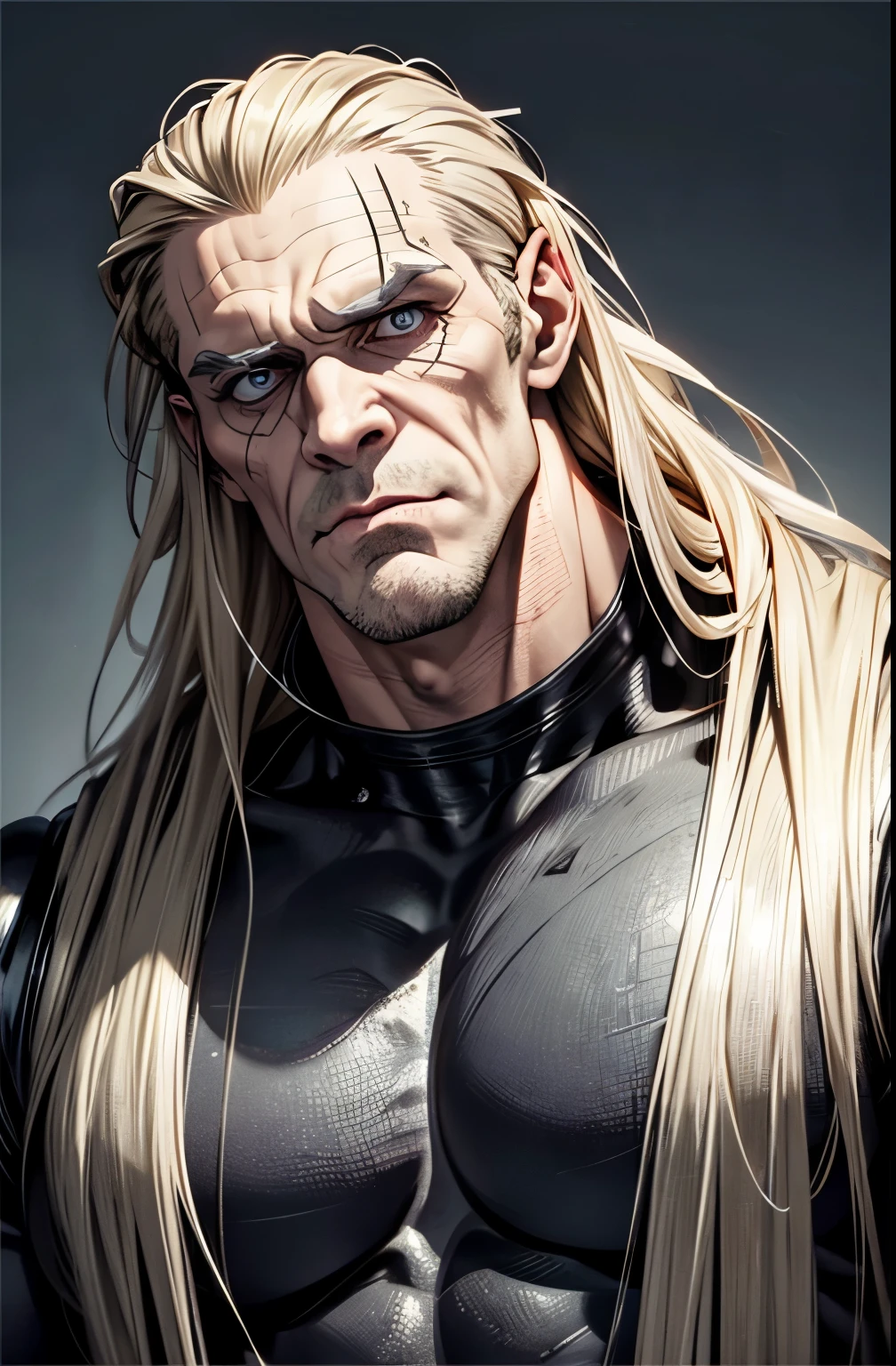 frankenstein, middle aged man, big muscular body, thick neck, wresler, bold on top, dirty blonde long hair, big nose, giant jawline,blind, light gray eyes, mouth shut, scary, midieval armor,long M shaped forehead, big forehead, franken eyebrow, thick strong neck