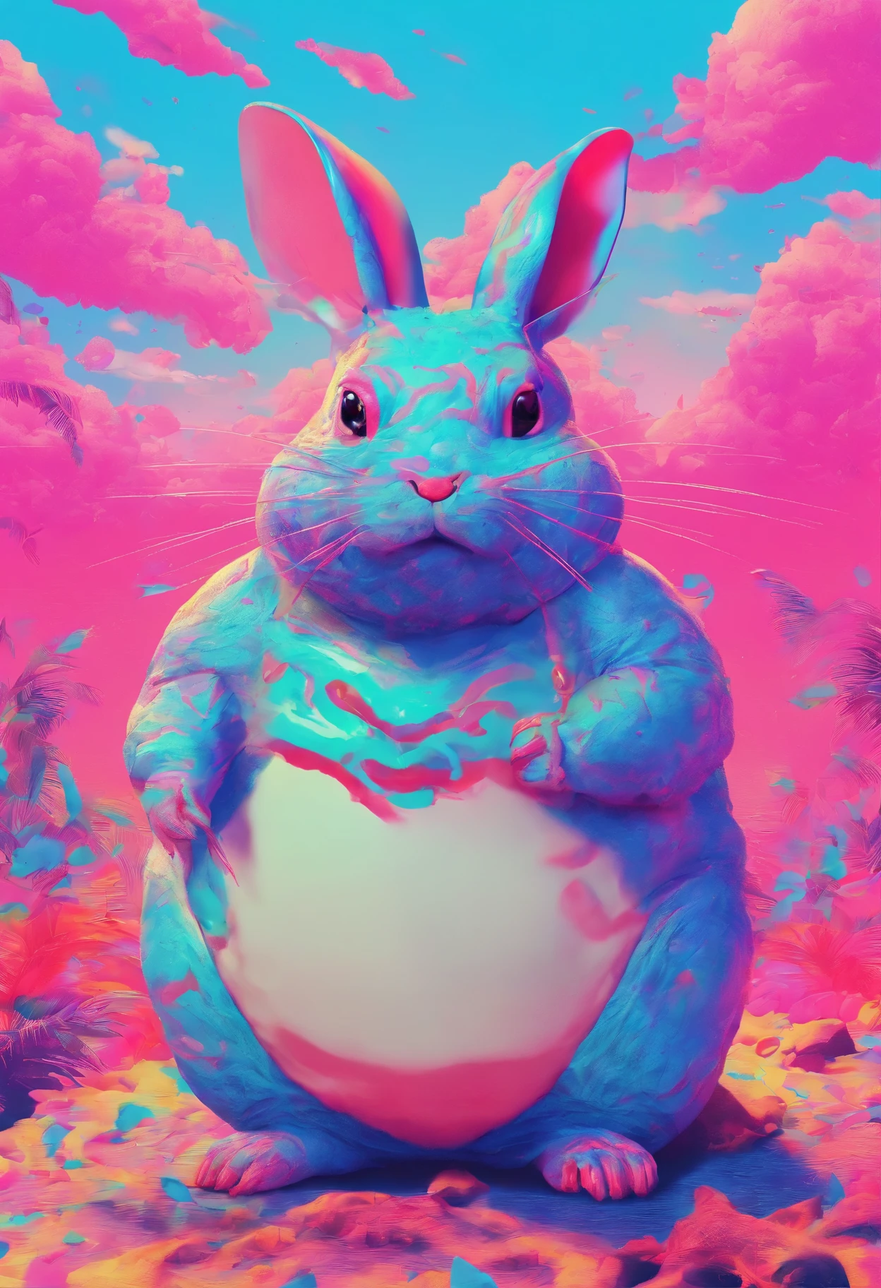 1bunnygirl, full body shot, abstract background, pink and light green hair, short hair, purerosface_v1:0.6, , very busty, unnaturally huge breasts, (unnaturally giant breasts), extremely huge breasts, bunny ears, lactating, wet pussy, abstract background, flowers