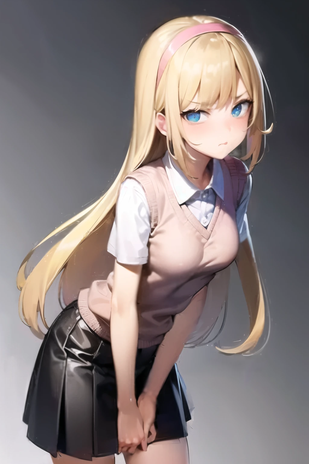 Bully student approaches me with a perverse face as I am a nerd, wearing short skirt, blonde hair, blue eyes, small firm breasts, long sexy legs, bad girl. very tall girl, photo from bellow her, bully, anger face
