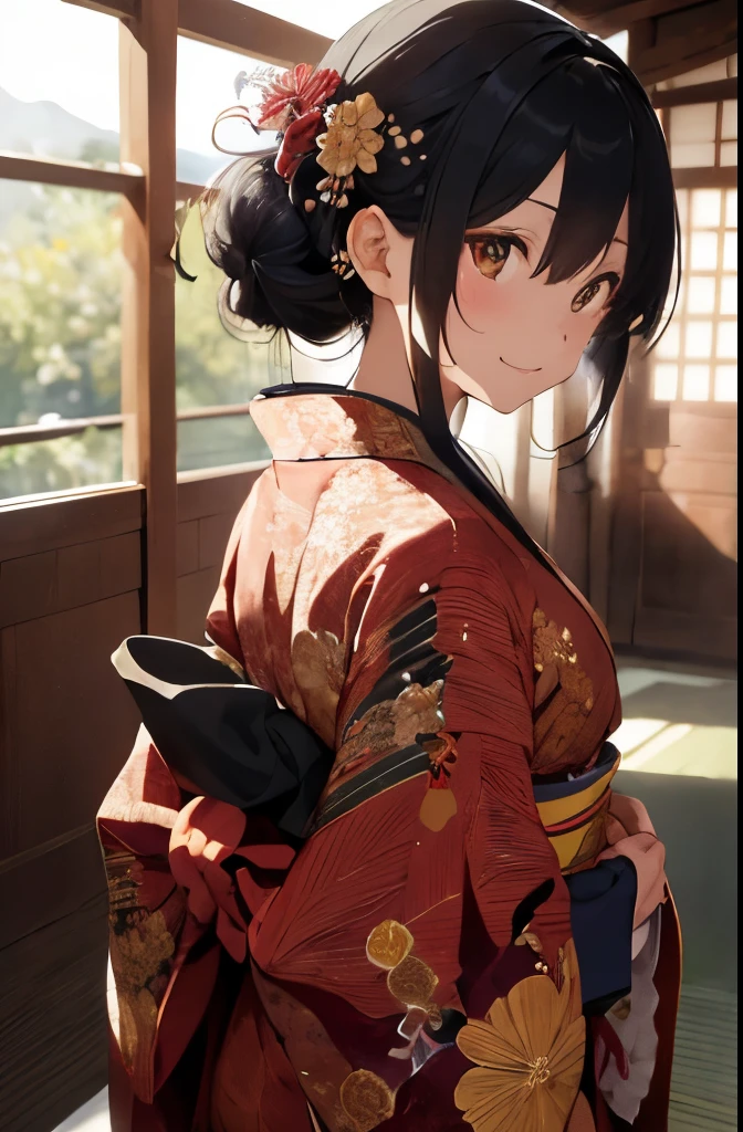 Highest image quality、(1woman、black hair、slender body shape、small breasts、thin face、long eyes)、(style all long hair up)、現実的なwoman、kimono、Japanese clothing、red kimono、luxury、luxury red kimono、Glossiness、(big long sleeves)、flower、thick belt with pattern、(big obi decoration、Extremely large ribbon on the back、patterned ribbon、thick ribbon、embroidery on ribbon)、(print 沢山のflower、全身にカラフルなflower柄)、gold embroidery、hair accessory、White inner、socks、smile、sunlight、Lighting from behind、((full body photo、zoomout))、shrine、torii