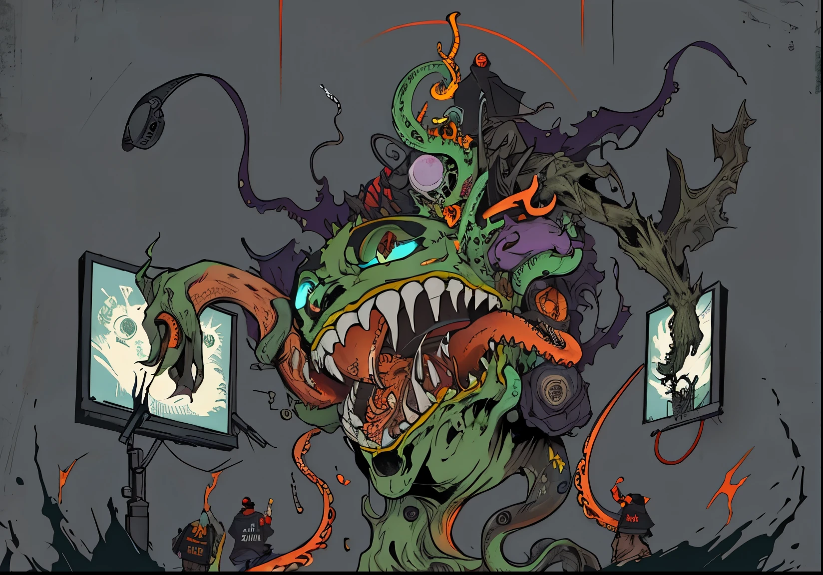 (masterpiece,quality,最佳quality)A zombie,bold outline style,Monster statue with microphone,The big one, detailed stomach, nychos art aesthetic, Crazy creatures, It's a monster, tentacle monster, Minions as Lovecraftian Monsters, open mouth