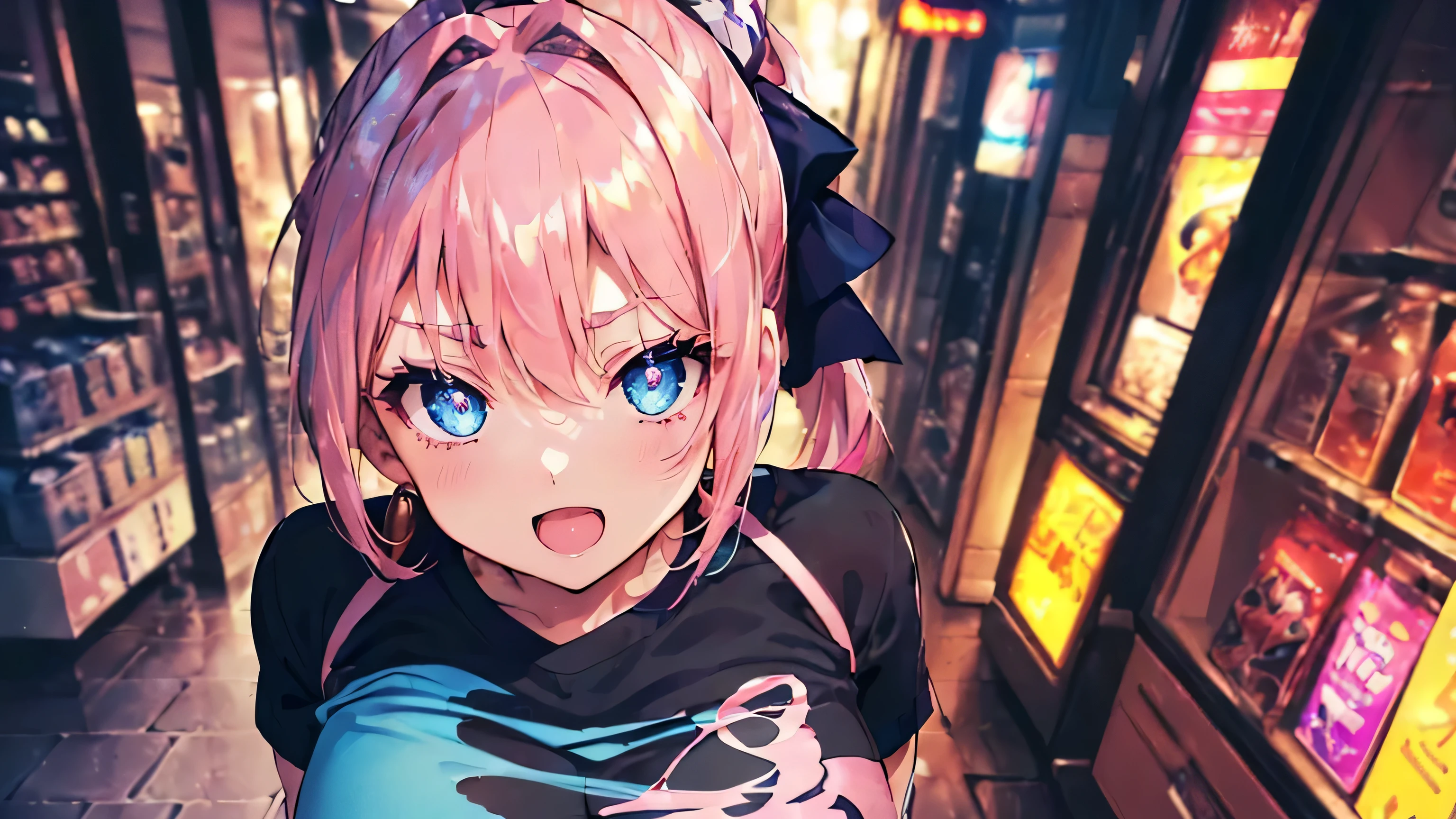 ((Ultra-detailed)), (top-quality), ((masterpiece)), ((Super exciting)), ((8K)), ((1080p)), ((extremely clear)), ((Very sophisticated)), ((Anime Graphics)), ((Anime quality)), ((Anime Illustration)), ((anime lighting)), ((depth of fields)), ((Glowing skin)), ((gleaming)), ((shiny-glistening)), ((3D)), (bright color:1.2), ((Perfect Anatomy)), (((Solo)), ((a girl))), ((a baby face)), (((Pink hair)), ((short ponytail:1.5)), ((large hair ribbon:1.5))), ((Ahoge))), (((Blue eyes)), ((drooping eyes)), (Clear eyes)), ((anime quality eyes)), ((long eyelashes)), ((Thin eyebrow)), (((beautiful breasts)), (bust up)), (Realistic skin texture), ((Detailed face description)), ((detailed cloth design)), (depth of fields)), (((colorful T-shirts:1.3)), (chino:1.1)), ((smile), (open mouth)), (shopping street:1.4), (look from above),