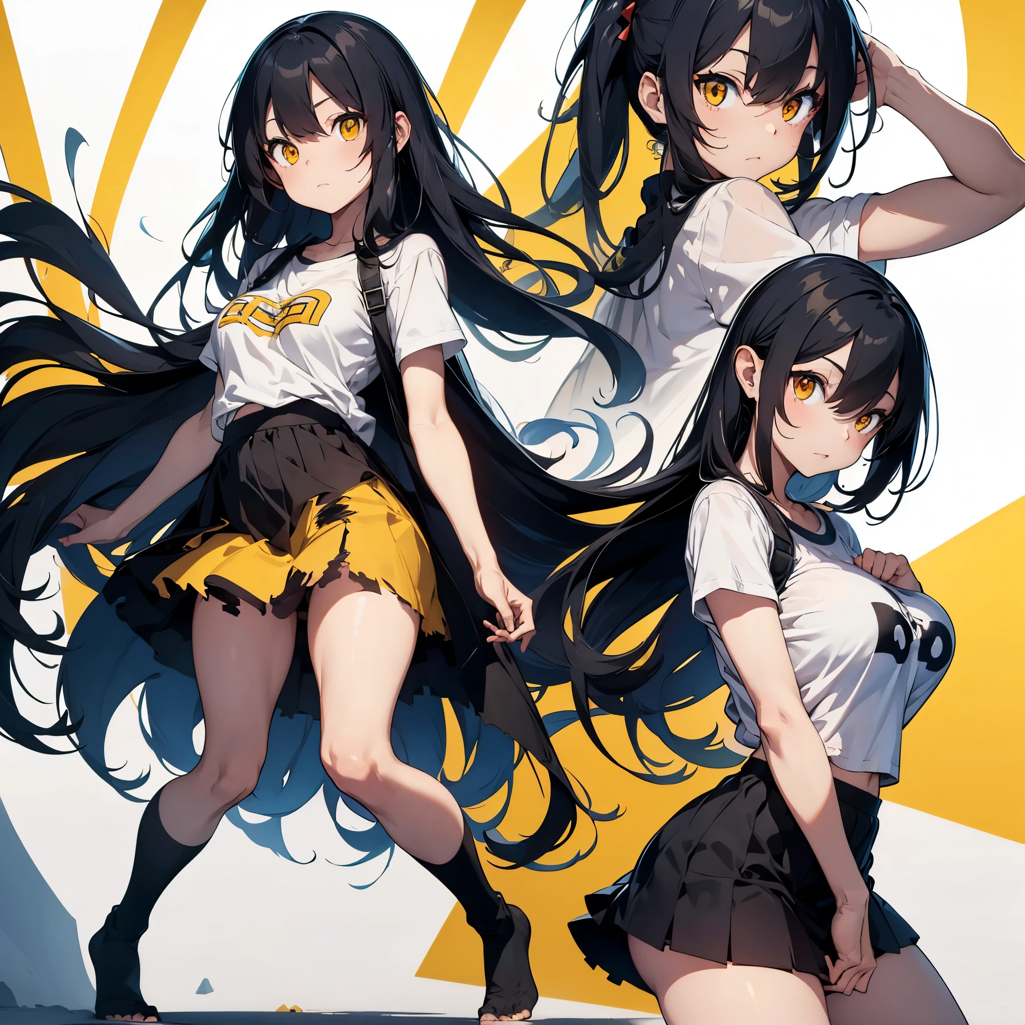 goblin woman, slim body, long legs, huge breasts, black hair, yellow eyes, no shoes, loose torn t-shirt, and torn mini skirt, 8k, hd, masterpiece, full body, white background
