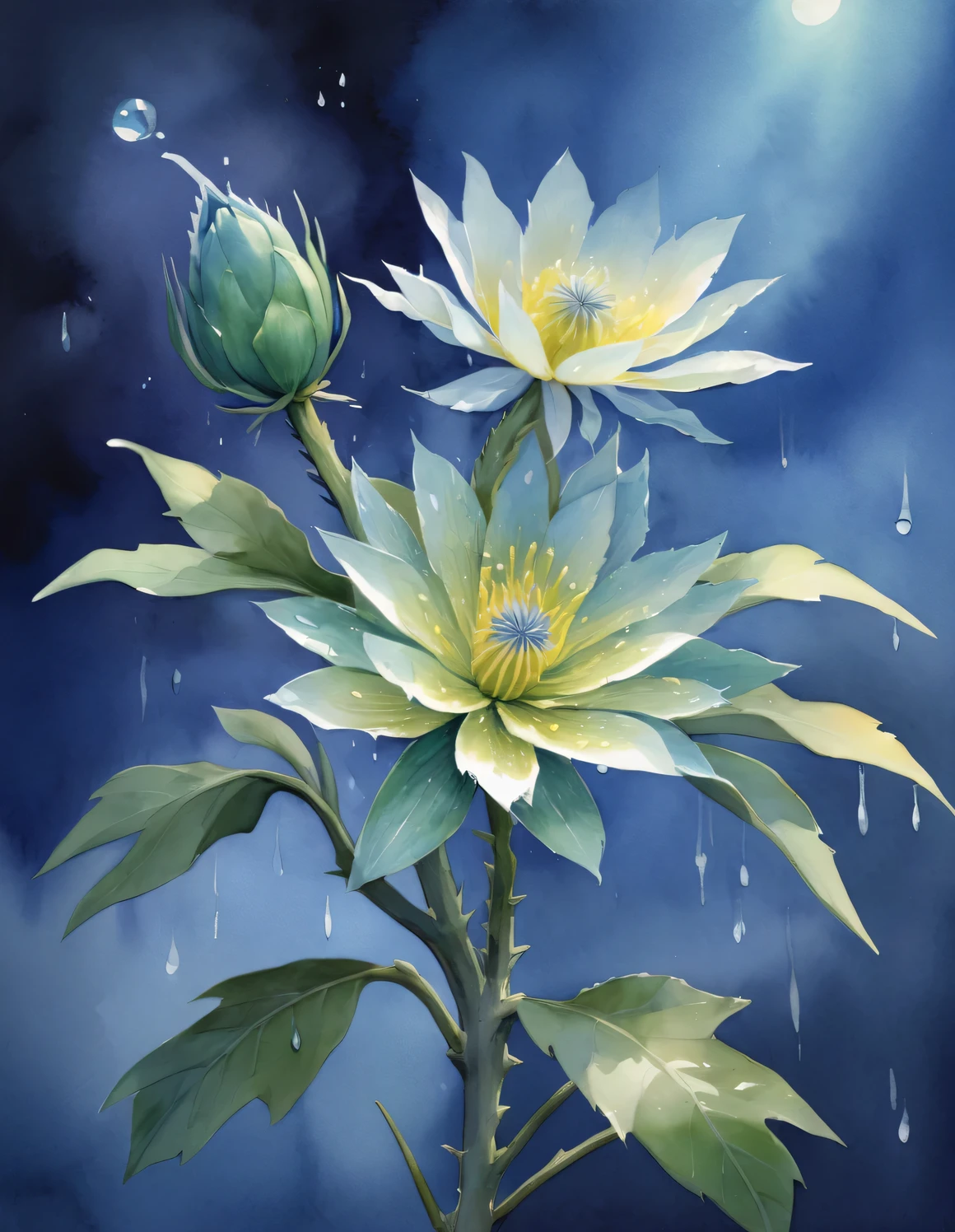 (盛开的昙花的watercolor画), Focus on pure transparent petals, The overall picture adopts soft tones, Mainly in elegant blue-green colors. Petal color ranges from light green to dark green, Showing a naturally growing layered feel. Each petal of the epiphyllum emits a faint blue-green light, Present exquisite details. The edges are as thin as cicada wings, A little fuller in the middle, Exudes a charming aroma, The stamens are light yellow, 花瓣上的水滴巧妙地利用watercolor的特性,Creates a crystal clear effect. Background color light blue-purple, Symbolizing the tranquility and mystery of the night, like starry sky, as if illuminated by moonlight,
watercolor, Drip watercolor, masterpiece, Dotted, style, image, dreamlike, otherworldly, impossible, exaggerated, hazy atmosphere, enchanting atmosphere, mysterious atmosphere, Quixel Megascans rendering, Unreal Engine, high detail, Super quality, high resolution, 16k, Large close-up, beautiful lights,
illustration,
