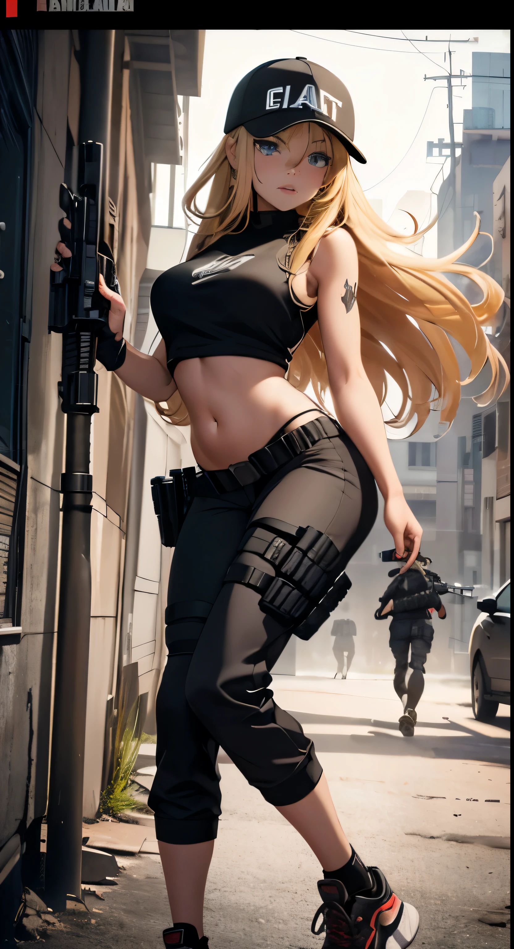 a female military soldier in call of duty style, war scenario, ((She has a bulge marking her pants)), ((tall muscular woman covered in tattoos with a well-defined body)), long light blonde hair and amber eyes, ((Body Position: standing in a 60° position)), (best quality,4k,8k,highres,masterpiece:1.2),ultra-detailed,(realistic,photorealistic,photo-realistic:1.37),HDR,UHD,studio lighting,ultra-fine painting,sharp focus,physically-based rendering,extreme detail description,professional,vivid colors,bokeh,portraits,concept artists,cinematic lighting,dramatic colors