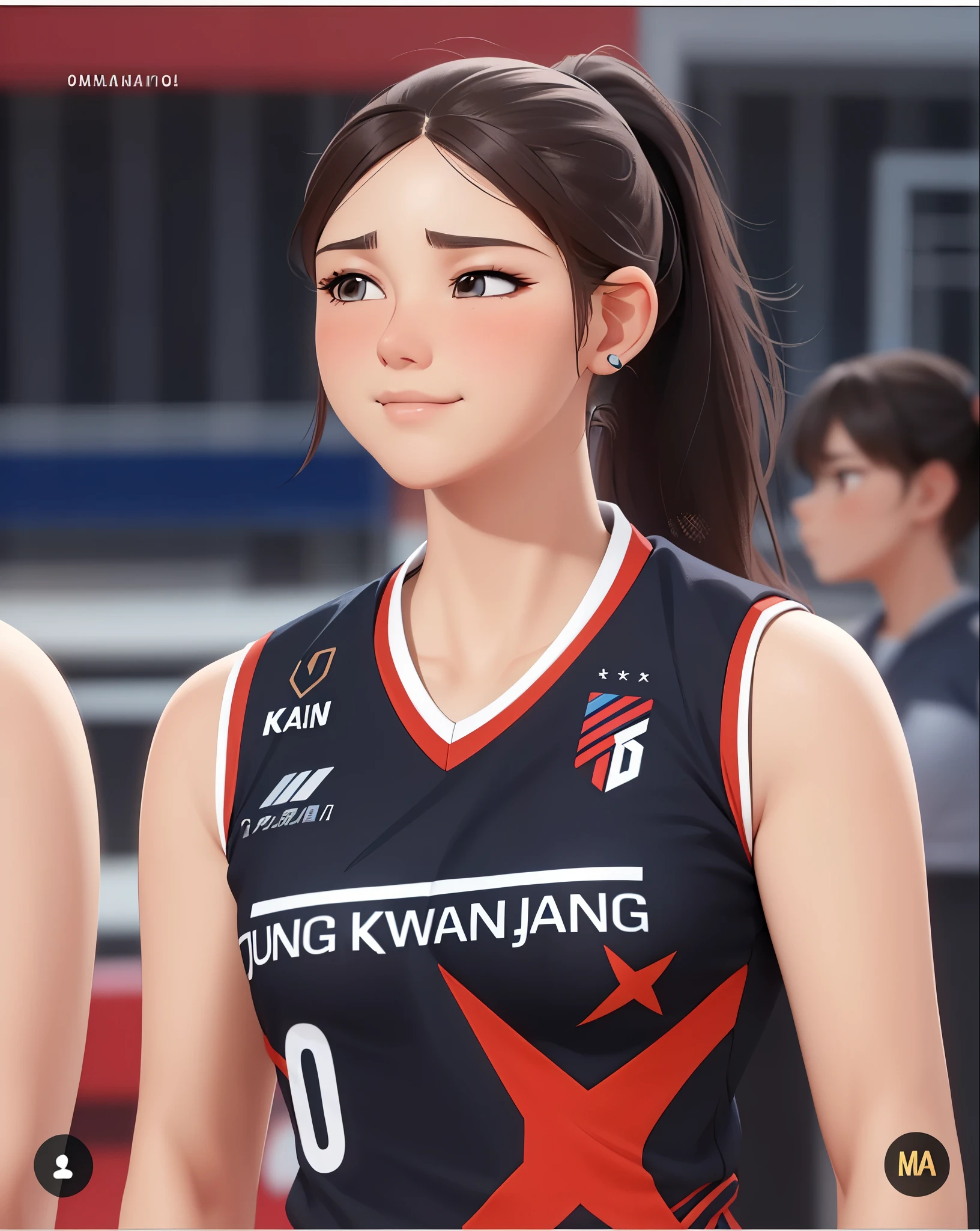 close up of a woman in a uniform with a ponytail, inspired by Yao Tingmei, marin kitagawa fanart, wearing a volleyball jersey, inspired by Sim Sa-jeong, inspired by Kim Jeong-hui, inspired by Zou Yigui, render of mirabel madrigal, inspired by Ma Yuanyu, 8k portrait render