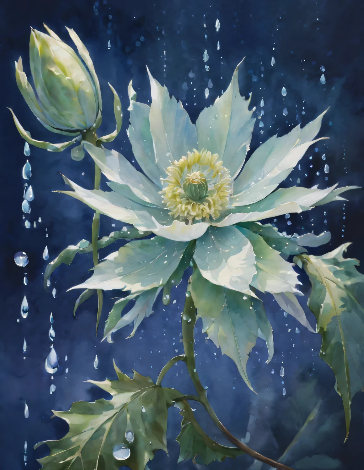 (盛开的昙花的watercolor画), Focus on pure transparent petals, The overall picture adopts soft tones, Mainly in elegant blue-green colors. Petal color ranges from light green to dark green, Showing a naturally growing layered feel. Each petal of the epiphyllum emits a faint blue-green light, Present exquisite details. The edges are as thin as cicada wings, A little fuller in the middle, Exudes a charming aroma, The stamens are light yellow, 花瓣上的水滴巧妙地利用watercolor的特性，Creates a crystal clear effect. Background color  light blue-purple, Symbolizing the tranquility and mystery of the night, like starry sky, as if illuminated by moonlight,
watercolor, Drip watercolor, masterpiece, Dotted, style, image, dreamlike, otherworldly, impossible, exaggerated, hazy atmosphere, enchanting atmosphere, mysterious atmosphere, Quixel Megascans rendering, Unreal Engine, high detail, Super quality, high resolution, 16k, Large close-up, beautiful lights,
illustration,