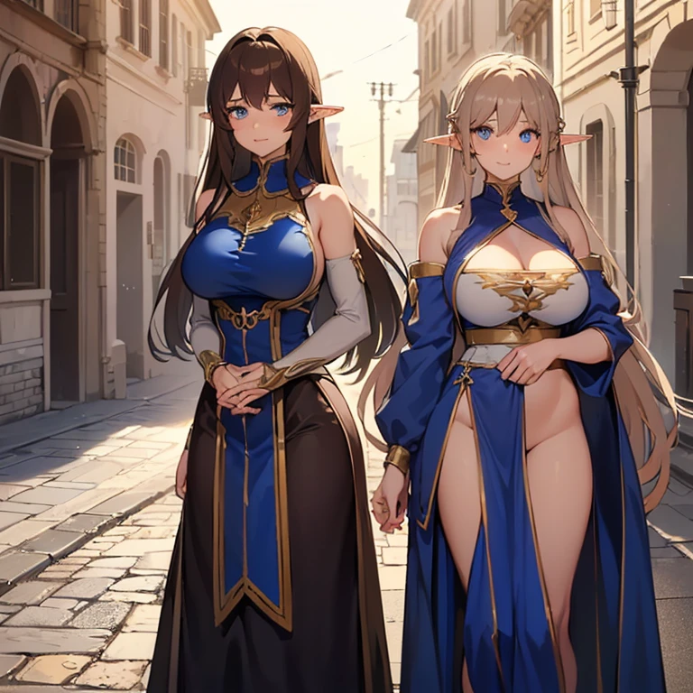 1 elf woman,((with long brown hair)),((with blue eyes)),((very huge breasts)),((a very small dress with a very low neckline revealing her thighs, with a cut on the chest)) ,((with a kind and cute look, with a slight gentle smile)),((standing facing the viewer, on the medieval street))