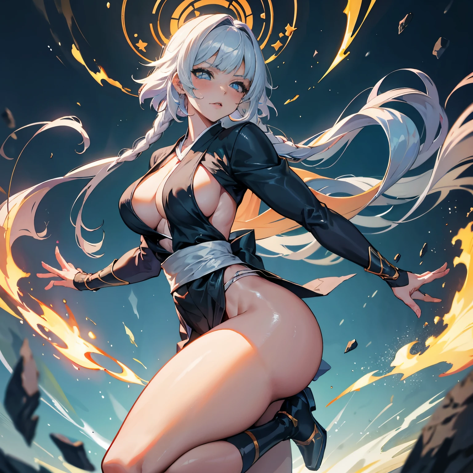 great quality, (1 woman), Sui-Feng, Soifon, Bleach, diamond face, perfect eyes, (wearing mage robe), mage robe, (standing) magic, casting spell, strong shadows, full body, detailed face, (casting spell), blue flashes of light, blue sparks, in battle, detailed abs, shinying eyes, (masterpiece), direct light, underlight, strong jaw, (large boobs), massive ass, thick thighs, (long torso), wide waist, skinny torso, fit, perfect face, sexy, (blushing),