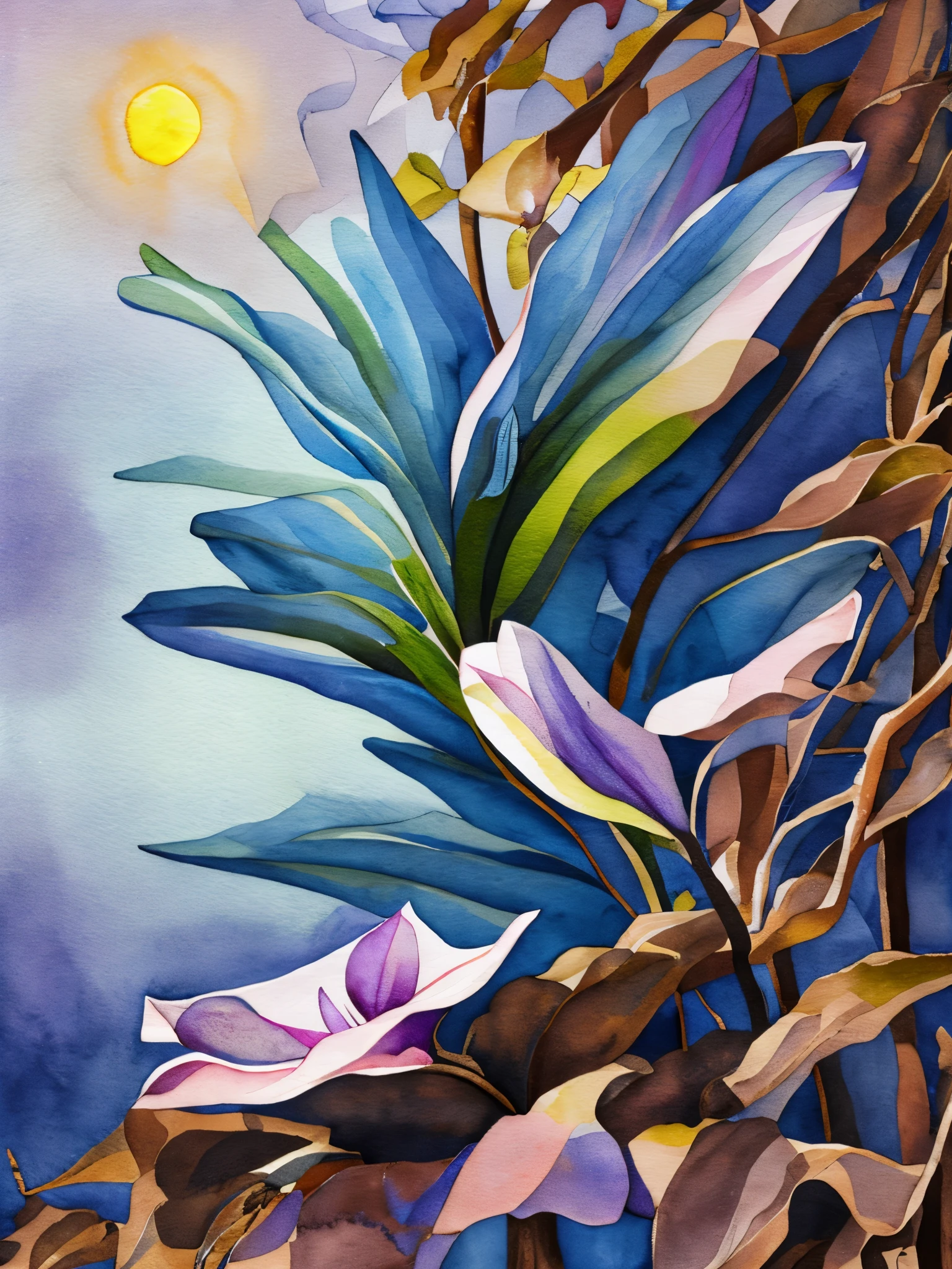 (A watercolor painting of a blooming Epiphyllum), with its pure and transparent petals as the focus, the overall picture adopts a soft color tone, mainly composed of elegant blue-green. The color of the petals ranges from light green to dark green, showing a sense of natural growth hierarchy. Each petal of the Epiphyllum emits a slight blue-green light, presenting exquisite details. The edges are thin like cicada wings, the middle slightly full, emitting a charming fragrance, and the stamens are light yellow, The water droplets on the petals cleverly utilize the characteristics of watercolor to create a crystal clear effect. The background a light blue purple color, symbolizing the tranquility and mystery of the night, like the starry sky, as if illuminated by moonlight,
Watercolor, Drip Watercolor, Masterpiece, Pointillike, Style, Imagery, Dreamlike, Unworldly, Impossible, Exaggerated, Misty Atmosphere, Charming Atmosphere, Mysterious Atmosphere, Quixel Megascans rendering, Unreal Engine, High Detail, Super Quality, High Resolution, 16K, Big Close ups, Beautiful Lights,