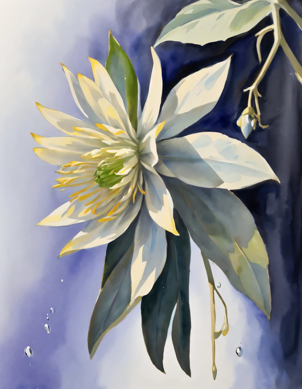 (盛开的昙花的watercolor画), Focus on pure transparent petals, The overall picture adopts soft tones, Mainly in elegant blue-green colors. Petal color ranges from light green to dark green, Showing a naturally growing layered feel. Each petal of the epiphyllum emits a faint blue-green light, Present exquisite details. The edges are as thin as cicada wings, A little fuller in the middle, Exudes a charming aroma, The stamens are light yellow, 花瓣上的水滴巧妙地利用watercolor的特性，Creates a crystal clear effect. Background color  light blue-purple, Symbolizing the tranquility and mystery of the night, like starry sky, as if illuminated by moonlight,
watercolor, Drip watercolor, masterpiece, Dotted, style, image, dreamlike, otherworldly, impossible, exaggerated, hazy atmosphere, enchanting atmosphere, mysterious atmosphere, Quixel Megascans rendering, Unreal Engine, high detail, Super quality, high resolution, 16k, Large close-up, beautiful lights,