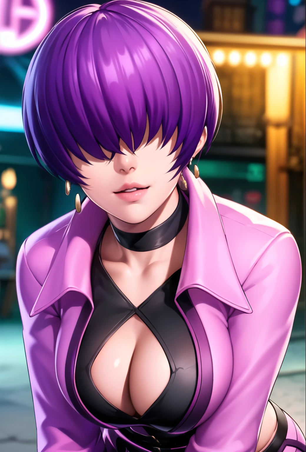 (night),in a video game scene with a neon background and a neon light,
Standing at attention,
pink outfit,pink jacket,choker, cleavage cutout, clothing cutout, 
earrings,
 purple hair,bangs,((hair over eyes)),
1 girl, 20yo,Young female,Beautiful Finger,Beautiful long legs,Beautiful body,Beautiful Nose,Beautiful character design, perfect face,
looking at viewer,(Focus on her face),closed mouth,Light_Smile,
official art,extremely detailed CG unity 8k wallpaper, perfect lighting,Colorful, Bright_Front_face_Lighting,shiny skin,
(masterpiece:1.0),(best_quality:1.0), ultra high res,4K,ultra-detailed,
photography, 8K, HDR, highres, absurdres:1.2, Kodak portra 400, film grain, blurry background, bokeh:1.2, lens flare, (vibrant_color:1.2),professional photograph,
(Beautiful,large_Breasts:1.4), (beautiful_face:1.5),(narrow_waist),